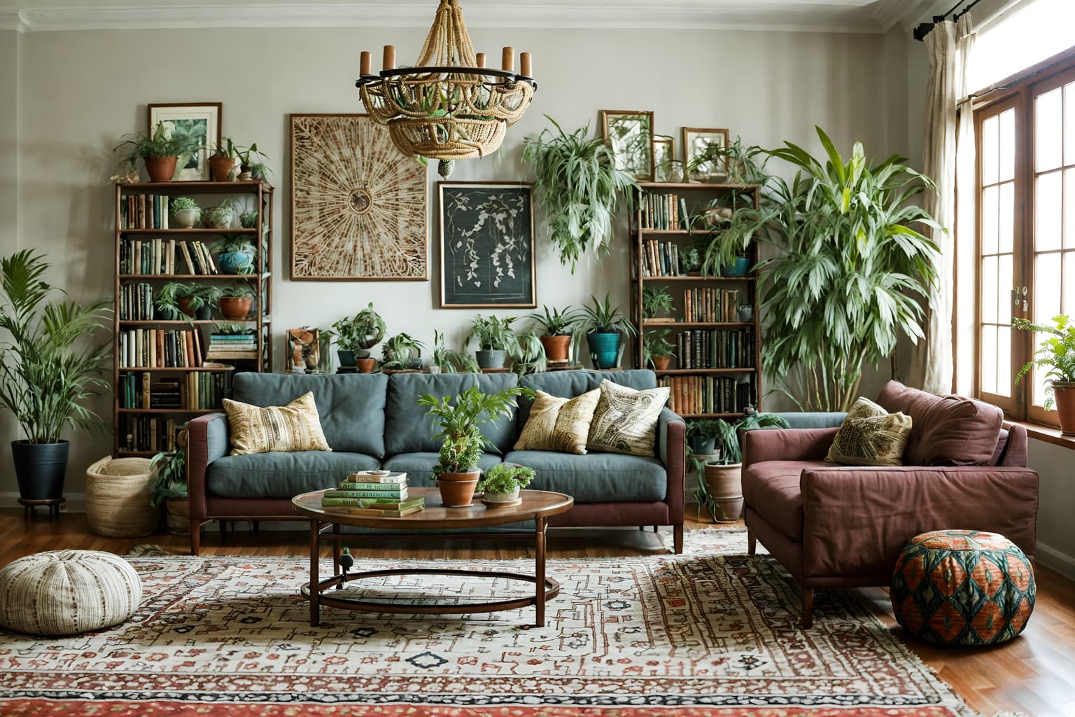 boho-chic-style (living room interior) with coffee tables and sofa and occasional tables and furniture and rug and bookshelves and plant and chairs. . . cinematic photo, highly detailed, cinematic lighting, ultra-detailed, ultrarealistic, photorealism, 8k. boho-chic interior design style. masterpiece, cinematic light, ultrarealistic+, photorealistic+, 8k, raw photo, realistic, sharp focus on eyes, (symmetrical eyes), (intact eyes), hyperrealistic, highest quality, best quality, , highly detailed, masterpiece, best quality, extremely detailed 8k wallpaper, masterpiece, best quality, ultra-detailed, best shadow, detailed background, detailed face, detailed eyes, high contrast, best illumination, detailed face, dulux, caustic, dynamic angle, detailed glow. dramatic lighting. highly detailed, insanely detailed hair, symmetrical, intricate details, professionally retouched, 8k high definition. strong bokeh. award winning photo.