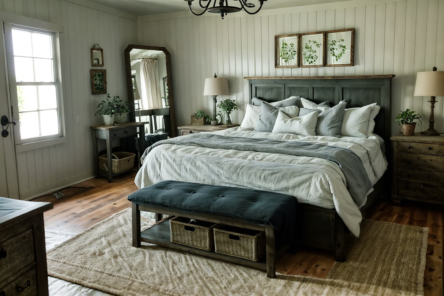 farmhouse-style (bedroom interior) with storage bench or ottoman and dresser closet and mirror and plant and headboard and bedside table or night stand and night light and bed. . with . . cinematic photo, highly detailed, cinematic lighting, ultra-detailed, ultrarealistic, photorealism, 8k. farmhouse interior design style. masterpiece, cinematic light, ultrarealistic+, photorealistic+, 8k, raw photo, realistic, sharp focus on eyes, (symmetrical eyes), (intact eyes), hyperrealistic, highest quality, best quality, , highly detailed, masterpiece, best quality, extremely detailed 8k wallpaper, masterpiece, best quality, ultra-detailed, best shadow, detailed background, detailed face, detailed eyes, high contrast, best illumination, detailed face, dulux, caustic, dynamic angle, detailed glow. dramatic lighting. highly detailed, insanely detailed hair, symmetrical, intricate details, professionally retouched, 8k high definition. strong bokeh. award winning photo.