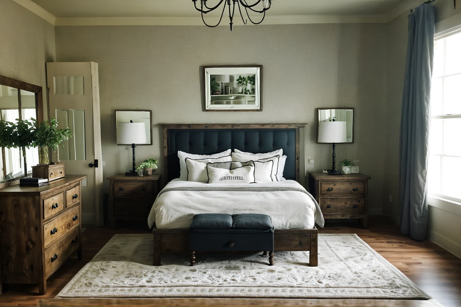 farmhouse-style (hotel room interior) with bedside table or night stand and hotel bathroom and dresser closet and accent chair and plant and headboard and mirror and night light. . with . . cinematic photo, highly detailed, cinematic lighting, ultra-detailed, ultrarealistic, photorealism, 8k. farmhouse interior design style. masterpiece, cinematic light, ultrarealistic+, photorealistic+, 8k, raw photo, realistic, sharp focus on eyes, (symmetrical eyes), (intact eyes), hyperrealistic, highest quality, best quality, , highly detailed, masterpiece, best quality, extremely detailed 8k wallpaper, masterpiece, best quality, ultra-detailed, best shadow, detailed background, detailed face, detailed eyes, high contrast, best illumination, detailed face, dulux, caustic, dynamic angle, detailed glow. dramatic lighting. highly detailed, insanely detailed hair, symmetrical, intricate details, professionally retouched, 8k high definition. strong bokeh. award winning photo.