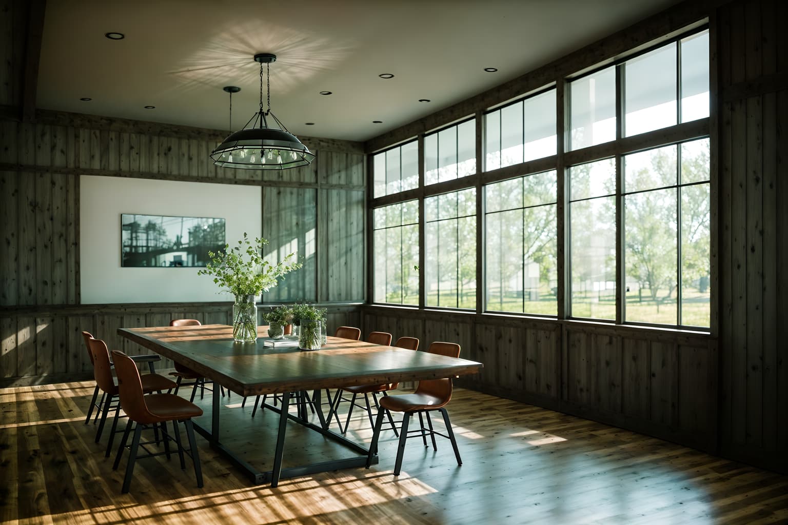 farmhouse-style (meeting room interior) with glass walls and painting or photo on wall and cabinets and office chairs and boardroom table and glass doors and vase and plant. . with . . cinematic photo, highly detailed, cinematic lighting, ultra-detailed, ultrarealistic, photorealism, 8k. farmhouse interior design style. masterpiece, cinematic light, ultrarealistic+, photorealistic+, 8k, raw photo, realistic, sharp focus on eyes, (symmetrical eyes), (intact eyes), hyperrealistic, highest quality, best quality, , highly detailed, masterpiece, best quality, extremely detailed 8k wallpaper, masterpiece, best quality, ultra-detailed, best shadow, detailed background, detailed face, detailed eyes, high contrast, best illumination, detailed face, dulux, caustic, dynamic angle, detailed glow. dramatic lighting. highly detailed, insanely detailed hair, symmetrical, intricate details, professionally retouched, 8k high definition. strong bokeh. award winning photo.