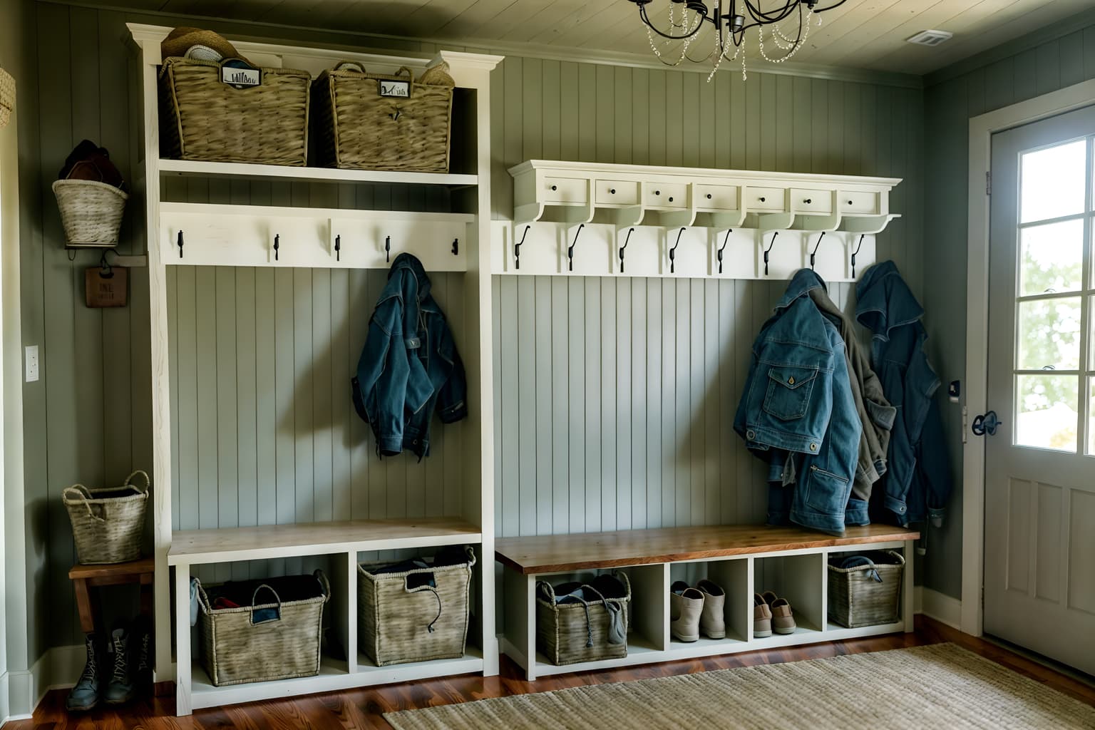 farmhouse-style (mudroom interior) with storage baskets and wall hooks for coats and shelves for shoes and cubbies and cabinets and high up storage and a bench and storage drawers. . with . . cinematic photo, highly detailed, cinematic lighting, ultra-detailed, ultrarealistic, photorealism, 8k. farmhouse interior design style. masterpiece, cinematic light, ultrarealistic+, photorealistic+, 8k, raw photo, realistic, sharp focus on eyes, (symmetrical eyes), (intact eyes), hyperrealistic, highest quality, best quality, , highly detailed, masterpiece, best quality, extremely detailed 8k wallpaper, masterpiece, best quality, ultra-detailed, best shadow, detailed background, detailed face, detailed eyes, high contrast, best illumination, detailed face, dulux, caustic, dynamic angle, detailed glow. dramatic lighting. highly detailed, insanely detailed hair, symmetrical, intricate details, professionally retouched, 8k high definition. strong bokeh. award winning photo.