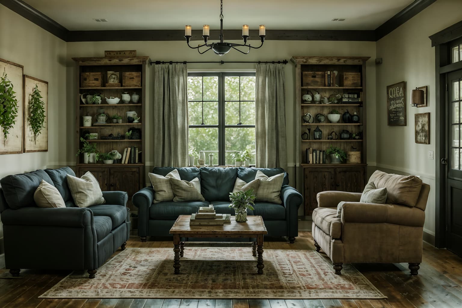 farmhouse-style (living room interior) with coffee tables and bookshelves and plant and occasional tables and furniture and televisions and chairs and sofa. . with . . cinematic photo, highly detailed, cinematic lighting, ultra-detailed, ultrarealistic, photorealism, 8k. farmhouse interior design style. masterpiece, cinematic light, ultrarealistic+, photorealistic+, 8k, raw photo, realistic, sharp focus on eyes, (symmetrical eyes), (intact eyes), hyperrealistic, highest quality, best quality, , highly detailed, masterpiece, best quality, extremely detailed 8k wallpaper, masterpiece, best quality, ultra-detailed, best shadow, detailed background, detailed face, detailed eyes, high contrast, best illumination, detailed face, dulux, caustic, dynamic angle, detailed glow. dramatic lighting. highly detailed, insanely detailed hair, symmetrical, intricate details, professionally retouched, 8k high definition. strong bokeh. award winning photo.