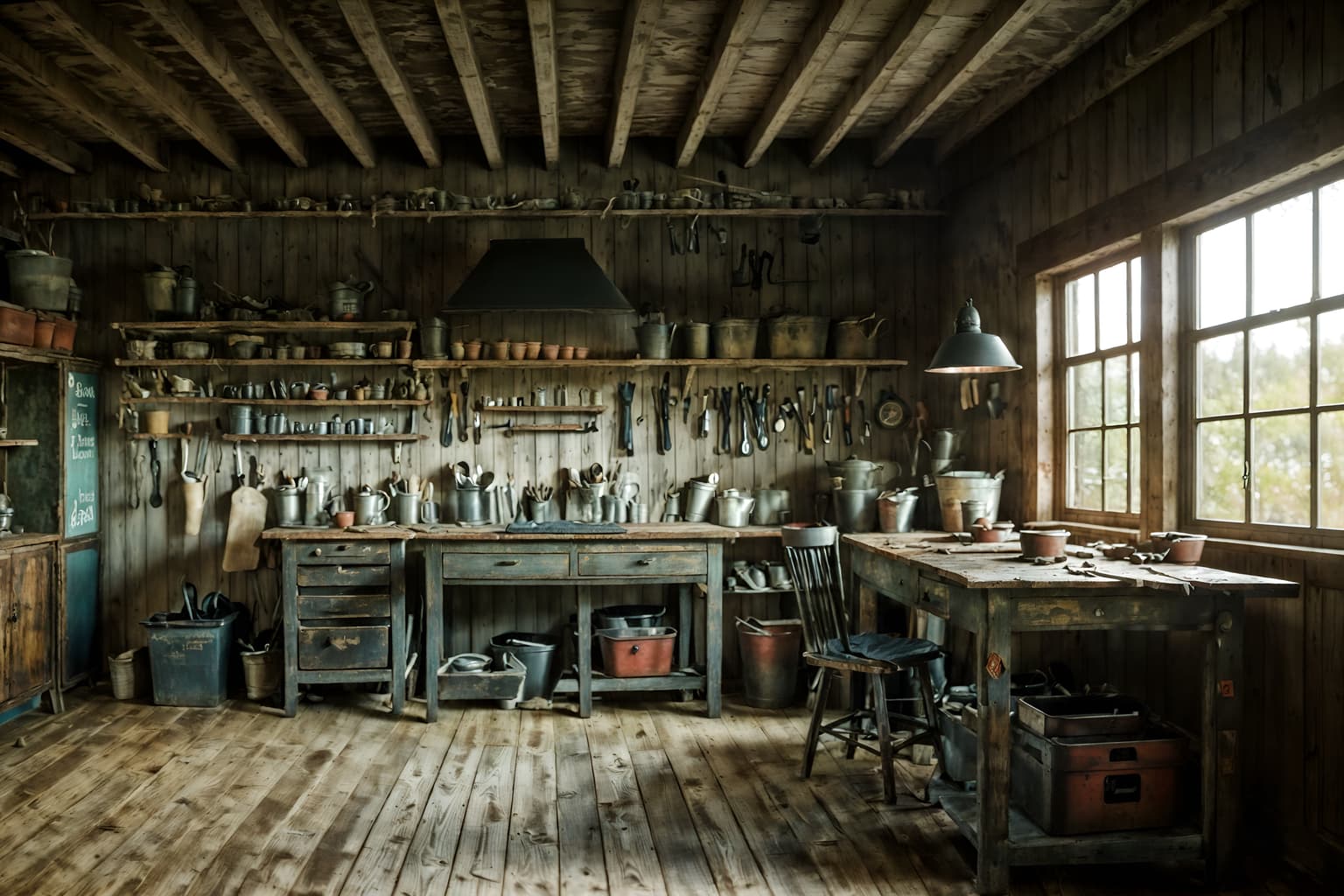 farmhouse-style (workshop interior) with messy and wooden workbench and tool wall and messy. . with . . cinematic photo, highly detailed, cinematic lighting, ultra-detailed, ultrarealistic, photorealism, 8k. farmhouse interior design style. masterpiece, cinematic light, ultrarealistic+, photorealistic+, 8k, raw photo, realistic, sharp focus on eyes, (symmetrical eyes), (intact eyes), hyperrealistic, highest quality, best quality, , highly detailed, masterpiece, best quality, extremely detailed 8k wallpaper, masterpiece, best quality, ultra-detailed, best shadow, detailed background, detailed face, detailed eyes, high contrast, best illumination, detailed face, dulux, caustic, dynamic angle, detailed glow. dramatic lighting. highly detailed, insanely detailed hair, symmetrical, intricate details, professionally retouched, 8k high definition. strong bokeh. award winning photo.