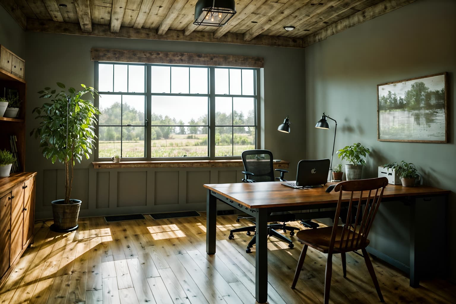 farmhouse-style (office interior) with windows and lounge chairs and plants and office chairs and computer desks and office desks and cabinets and desk lamps. . with . . cinematic photo, highly detailed, cinematic lighting, ultra-detailed, ultrarealistic, photorealism, 8k. farmhouse interior design style. masterpiece, cinematic light, ultrarealistic+, photorealistic+, 8k, raw photo, realistic, sharp focus on eyes, (symmetrical eyes), (intact eyes), hyperrealistic, highest quality, best quality, , highly detailed, masterpiece, best quality, extremely detailed 8k wallpaper, masterpiece, best quality, ultra-detailed, best shadow, detailed background, detailed face, detailed eyes, high contrast, best illumination, detailed face, dulux, caustic, dynamic angle, detailed glow. dramatic lighting. highly detailed, insanely detailed hair, symmetrical, intricate details, professionally retouched, 8k high definition. strong bokeh. award winning photo.