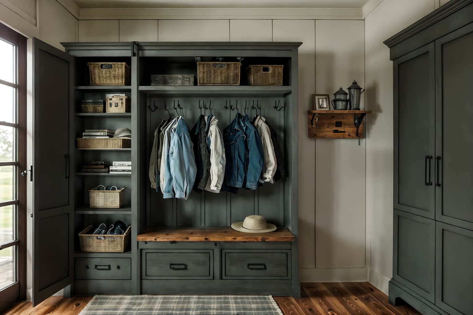 farmhouse-style (drop zone interior) with storage drawers and cabinets and cubbies and lockers and shelves for shoes and wall hooks for coats and high up storage and a bench. . with . . cinematic photo, highly detailed, cinematic lighting, ultra-detailed, ultrarealistic, photorealism, 8k. farmhouse interior design style. masterpiece, cinematic light, ultrarealistic+, photorealistic+, 8k, raw photo, realistic, sharp focus on eyes, (symmetrical eyes), (intact eyes), hyperrealistic, highest quality, best quality, , highly detailed, masterpiece, best quality, extremely detailed 8k wallpaper, masterpiece, best quality, ultra-detailed, best shadow, detailed background, detailed face, detailed eyes, high contrast, best illumination, detailed face, dulux, caustic, dynamic angle, detailed glow. dramatic lighting. highly detailed, insanely detailed hair, symmetrical, intricate details, professionally retouched, 8k high definition. strong bokeh. award winning photo.