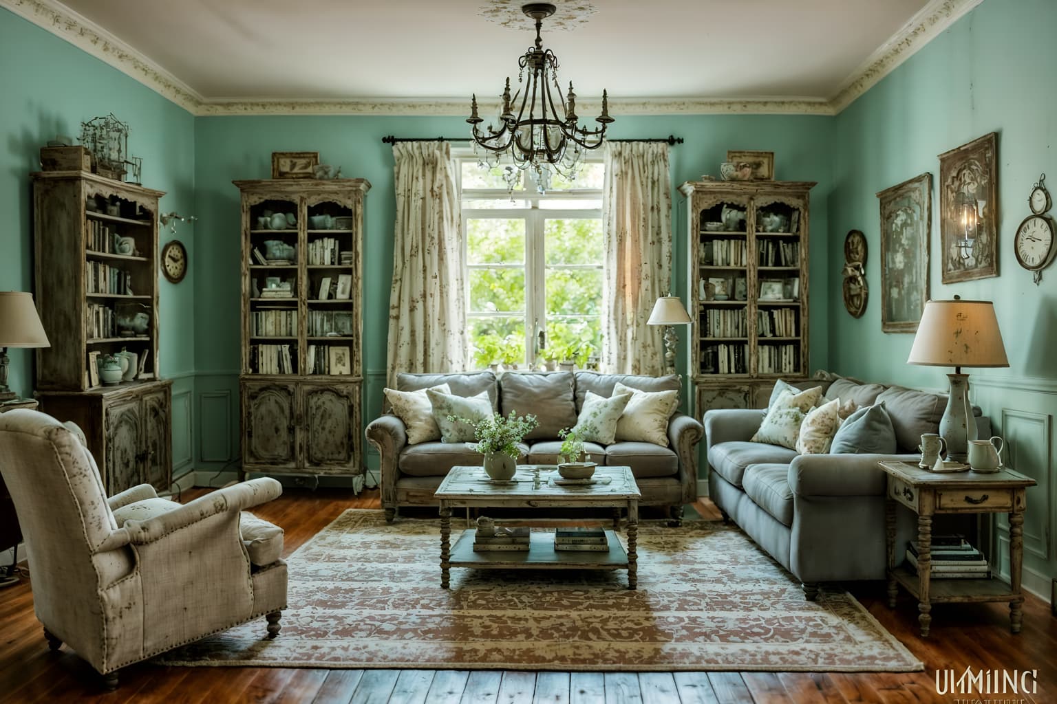 shabby chic-style (living room interior) with occasional tables and coffee tables and electric lamps and bookshelves and televisions and furniture and chairs and sofa. . . cinematic photo, highly detailed, cinematic lighting, ultra-detailed, ultrarealistic, photorealism, 8k. shabby chic interior design style. masterpiece, cinematic light, ultrarealistic+, photorealistic+, 8k, raw photo, realistic, sharp focus on eyes, (symmetrical eyes), (intact eyes), hyperrealistic, highest quality, best quality, , highly detailed, masterpiece, best quality, extremely detailed 8k wallpaper, masterpiece, best quality, ultra-detailed, best shadow, detailed background, detailed face, detailed eyes, high contrast, best illumination, detailed face, dulux, caustic, dynamic angle, detailed glow. dramatic lighting. highly detailed, insanely detailed hair, symmetrical, intricate details, professionally retouched, 8k high definition. strong bokeh. award winning photo.