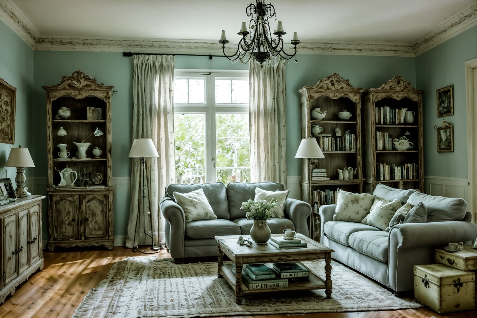 shabby chic-style (living room interior) with occasional tables and coffee tables and electric lamps and bookshelves and televisions and furniture and chairs and sofa. . . cinematic photo, highly detailed, cinematic lighting, ultra-detailed, ultrarealistic, photorealism, 8k. shabby chic interior design style. masterpiece, cinematic light, ultrarealistic+, photorealistic+, 8k, raw photo, realistic, sharp focus on eyes, (symmetrical eyes), (intact eyes), hyperrealistic, highest quality, best quality, , highly detailed, masterpiece, best quality, extremely detailed 8k wallpaper, masterpiece, best quality, ultra-detailed, best shadow, detailed background, detailed face, detailed eyes, high contrast, best illumination, detailed face, dulux, caustic, dynamic angle, detailed glow. dramatic lighting. highly detailed, insanely detailed hair, symmetrical, intricate details, professionally retouched, 8k high definition. strong bokeh. award winning photo.