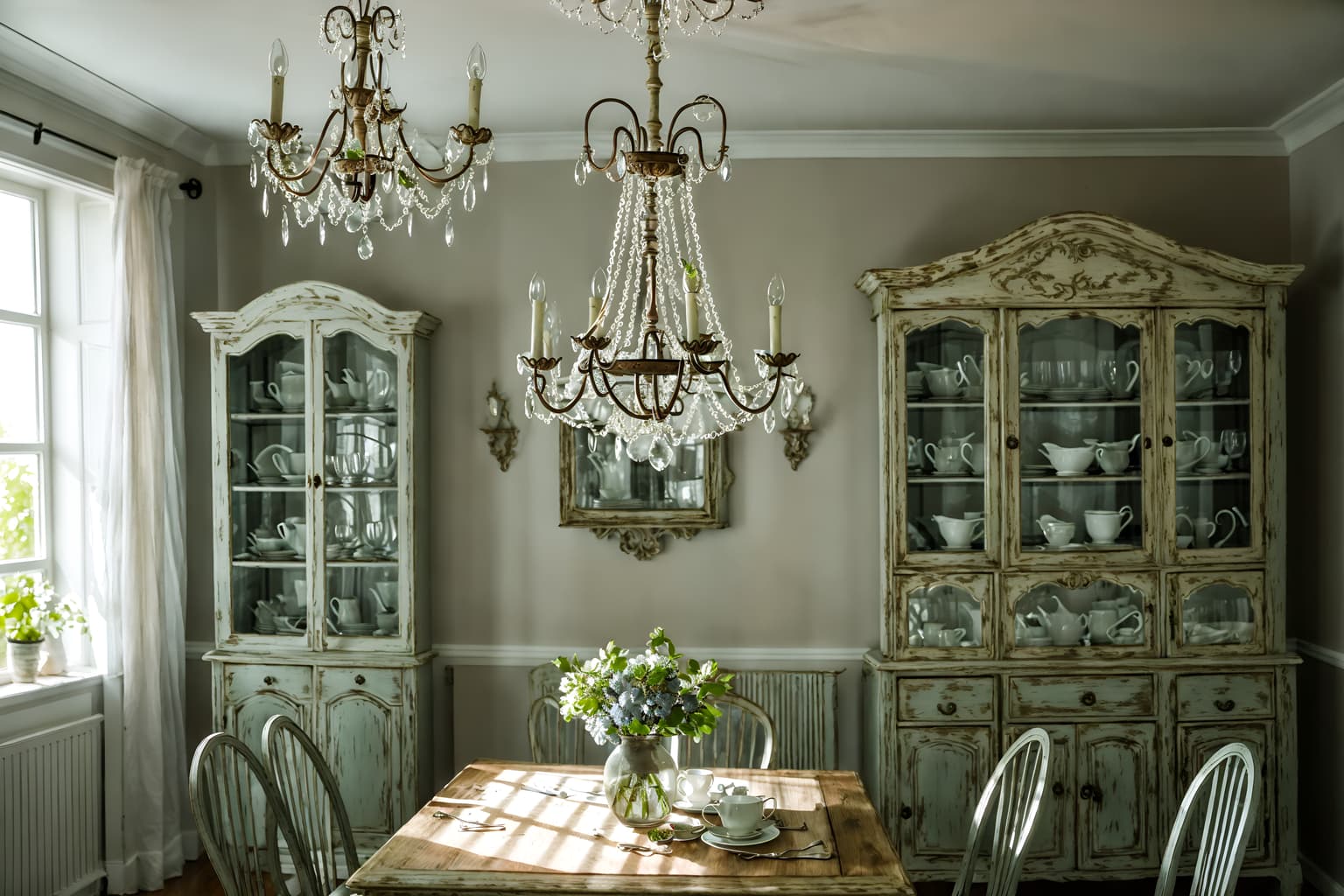 shabby chic-style (dining room interior) with light or chandelier and plates, cutlery and glasses on dining table and bookshelves and dining table and dining table chairs and plant and painting or photo on wall and vase. . . cinematic photo, highly detailed, cinematic lighting, ultra-detailed, ultrarealistic, photorealism, 8k. shabby chic interior design style. masterpiece, cinematic light, ultrarealistic+, photorealistic+, 8k, raw photo, realistic, sharp focus on eyes, (symmetrical eyes), (intact eyes), hyperrealistic, highest quality, best quality, , highly detailed, masterpiece, best quality, extremely detailed 8k wallpaper, masterpiece, best quality, ultra-detailed, best shadow, detailed background, detailed face, detailed eyes, high contrast, best illumination, detailed face, dulux, caustic, dynamic angle, detailed glow. dramatic lighting. highly detailed, insanely detailed hair, symmetrical, intricate details, professionally retouched, 8k high definition. strong bokeh. award winning photo.