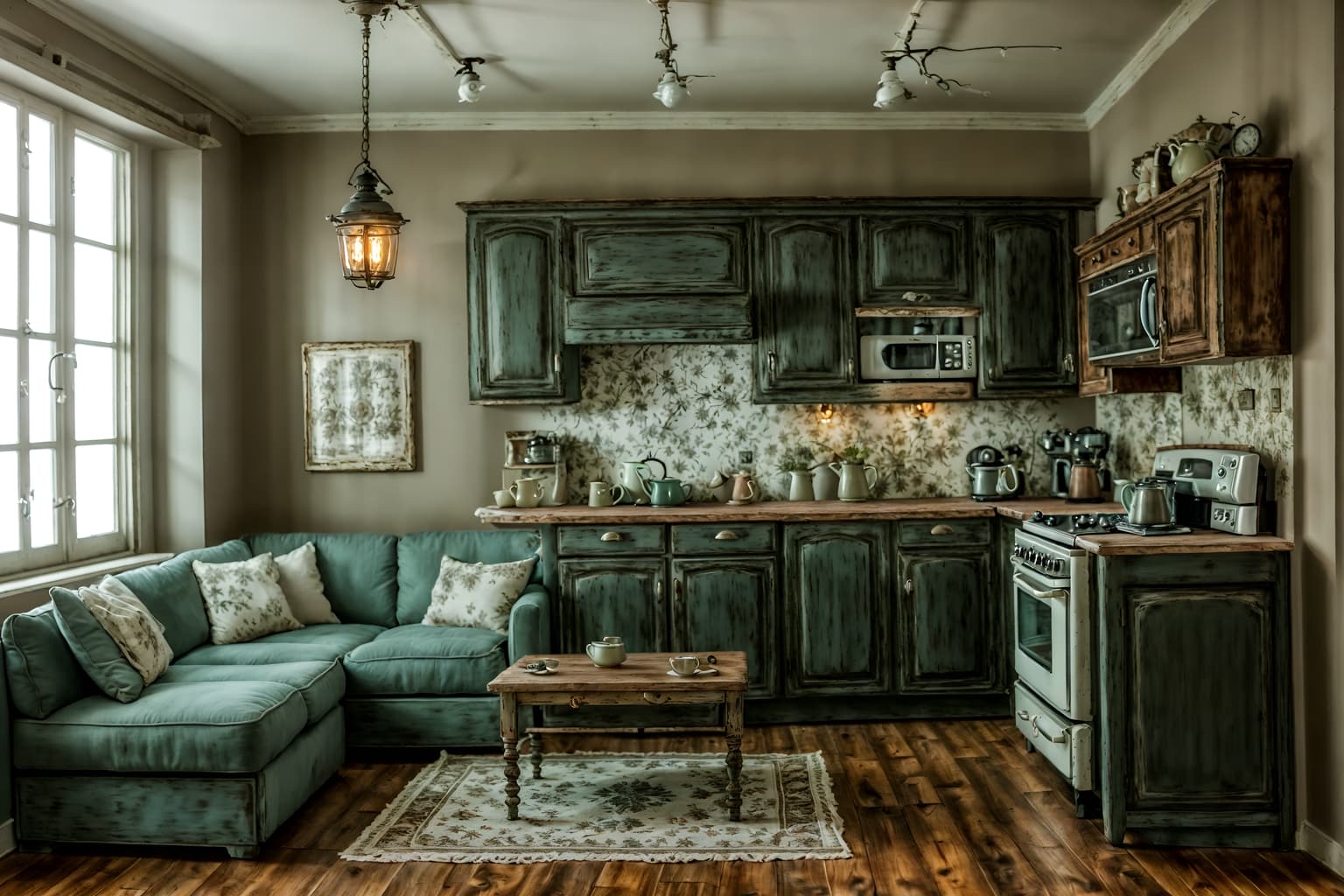 shabby chic-style (kitchen living combo interior) with coffee tables and sofa and occasional tables and stove and electric lamps and refrigerator and plant and sink. . . cinematic photo, highly detailed, cinematic lighting, ultra-detailed, ultrarealistic, photorealism, 8k. shabby chic interior design style. masterpiece, cinematic light, ultrarealistic+, photorealistic+, 8k, raw photo, realistic, sharp focus on eyes, (symmetrical eyes), (intact eyes), hyperrealistic, highest quality, best quality, , highly detailed, masterpiece, best quality, extremely detailed 8k wallpaper, masterpiece, best quality, ultra-detailed, best shadow, detailed background, detailed face, detailed eyes, high contrast, best illumination, detailed face, dulux, caustic, dynamic angle, detailed glow. dramatic lighting. highly detailed, insanely detailed hair, symmetrical, intricate details, professionally retouched, 8k high definition. strong bokeh. award winning photo.