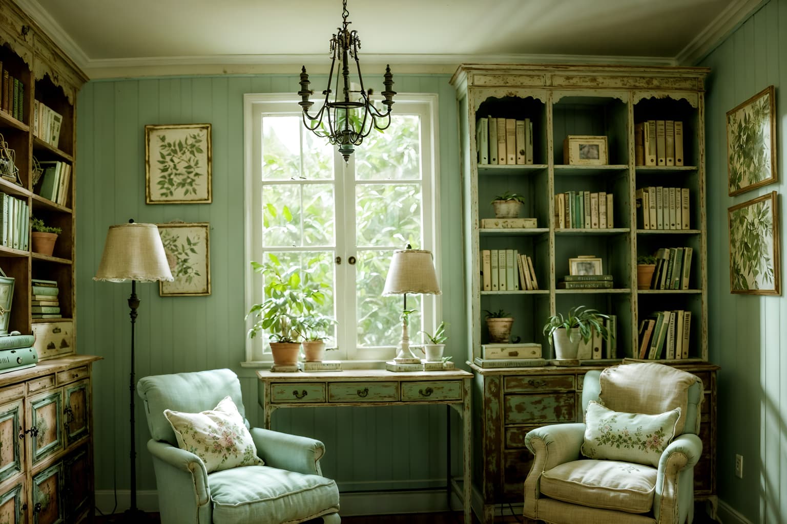 shabby chic-style (study room interior) with plant and bookshelves and lounge chair and desk lamp and writing desk and cabinets and office chair and plant. . . cinematic photo, highly detailed, cinematic lighting, ultra-detailed, ultrarealistic, photorealism, 8k. shabby chic interior design style. masterpiece, cinematic light, ultrarealistic+, photorealistic+, 8k, raw photo, realistic, sharp focus on eyes, (symmetrical eyes), (intact eyes), hyperrealistic, highest quality, best quality, , highly detailed, masterpiece, best quality, extremely detailed 8k wallpaper, masterpiece, best quality, ultra-detailed, best shadow, detailed background, detailed face, detailed eyes, high contrast, best illumination, detailed face, dulux, caustic, dynamic angle, detailed glow. dramatic lighting. highly detailed, insanely detailed hair, symmetrical, intricate details, professionally retouched, 8k high definition. strong bokeh. award winning photo.