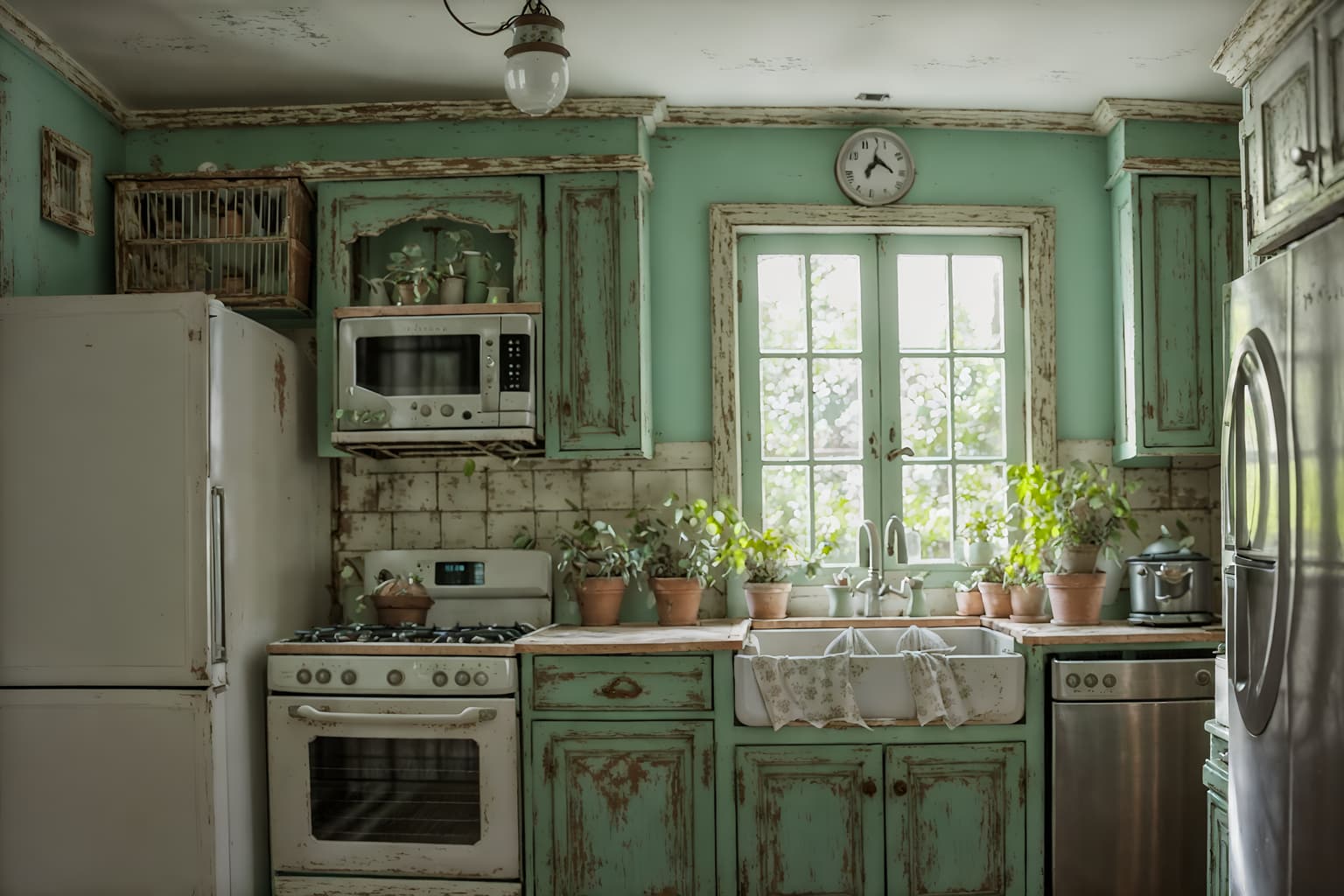 shabby chic-style (kitchen interior) with refrigerator and kitchen cabinets and plant and stove and worktops and sink and refrigerator. . . cinematic photo, highly detailed, cinematic lighting, ultra-detailed, ultrarealistic, photorealism, 8k. shabby chic interior design style. masterpiece, cinematic light, ultrarealistic+, photorealistic+, 8k, raw photo, realistic, sharp focus on eyes, (symmetrical eyes), (intact eyes), hyperrealistic, highest quality, best quality, , highly detailed, masterpiece, best quality, extremely detailed 8k wallpaper, masterpiece, best quality, ultra-detailed, best shadow, detailed background, detailed face, detailed eyes, high contrast, best illumination, detailed face, dulux, caustic, dynamic angle, detailed glow. dramatic lighting. highly detailed, insanely detailed hair, symmetrical, intricate details, professionally retouched, 8k high definition. strong bokeh. award winning photo.