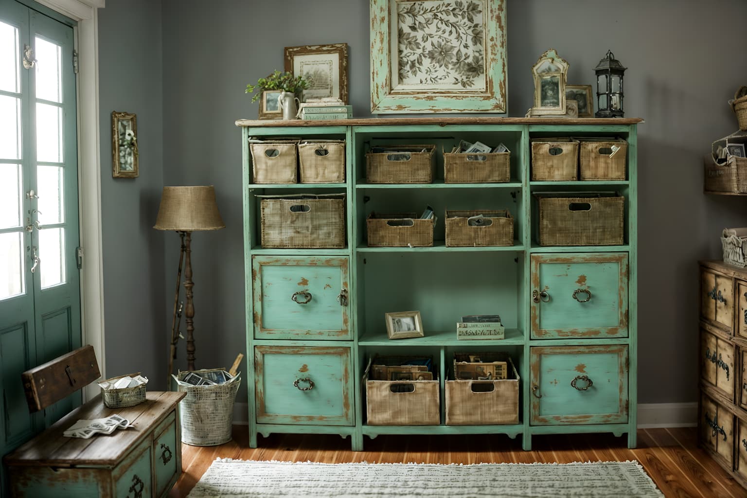shabby chic-style (drop zone interior) with storage drawers and cabinets and high up storage and shelves for shoes and lockers and cubbies and a bench and storage baskets. . . cinematic photo, highly detailed, cinematic lighting, ultra-detailed, ultrarealistic, photorealism, 8k. shabby chic interior design style. masterpiece, cinematic light, ultrarealistic+, photorealistic+, 8k, raw photo, realistic, sharp focus on eyes, (symmetrical eyes), (intact eyes), hyperrealistic, highest quality, best quality, , highly detailed, masterpiece, best quality, extremely detailed 8k wallpaper, masterpiece, best quality, ultra-detailed, best shadow, detailed background, detailed face, detailed eyes, high contrast, best illumination, detailed face, dulux, caustic, dynamic angle, detailed glow. dramatic lighting. highly detailed, insanely detailed hair, symmetrical, intricate details, professionally retouched, 8k high definition. strong bokeh. award winning photo.