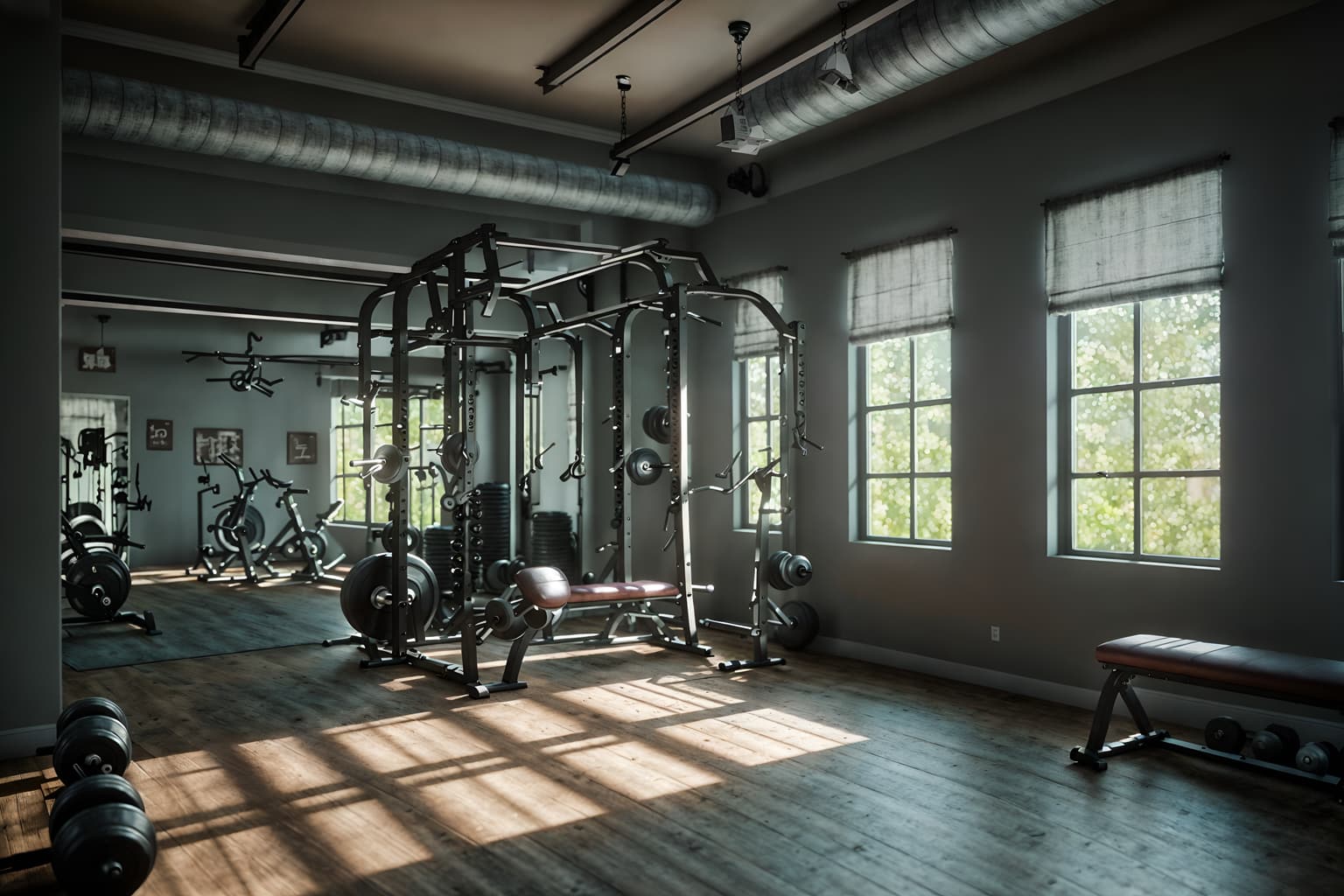 shabby chic-style (fitness gym interior) with dumbbell stand and bench press and exercise bicycle and squat rack and crosstrainer and dumbbell stand. . . cinematic photo, highly detailed, cinematic lighting, ultra-detailed, ultrarealistic, photorealism, 8k. shabby chic interior design style. masterpiece, cinematic light, ultrarealistic+, photorealistic+, 8k, raw photo, realistic, sharp focus on eyes, (symmetrical eyes), (intact eyes), hyperrealistic, highest quality, best quality, , highly detailed, masterpiece, best quality, extremely detailed 8k wallpaper, masterpiece, best quality, ultra-detailed, best shadow, detailed background, detailed face, detailed eyes, high contrast, best illumination, detailed face, dulux, caustic, dynamic angle, detailed glow. dramatic lighting. highly detailed, insanely detailed hair, symmetrical, intricate details, professionally retouched, 8k high definition. strong bokeh. award winning photo.