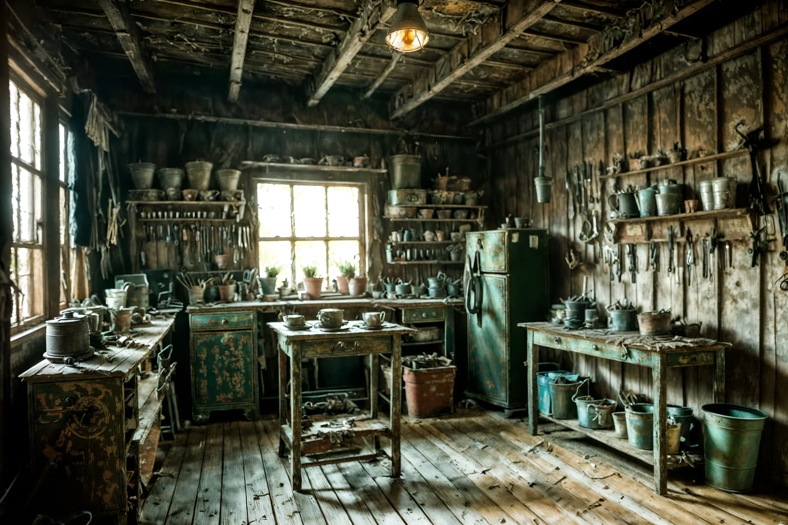 shabby chic-style (workshop interior) with messy and tool wall and wooden workbench and messy. . . cinematic photo, highly detailed, cinematic lighting, ultra-detailed, ultrarealistic, photorealism, 8k. shabby chic interior design style. masterpiece, cinematic light, ultrarealistic+, photorealistic+, 8k, raw photo, realistic, sharp focus on eyes, (symmetrical eyes), (intact eyes), hyperrealistic, highest quality, best quality, , highly detailed, masterpiece, best quality, extremely detailed 8k wallpaper, masterpiece, best quality, ultra-detailed, best shadow, detailed background, detailed face, detailed eyes, high contrast, best illumination, detailed face, dulux, caustic, dynamic angle, detailed glow. dramatic lighting. highly detailed, insanely detailed hair, symmetrical, intricate details, professionally retouched, 8k high definition. strong bokeh. award winning photo.