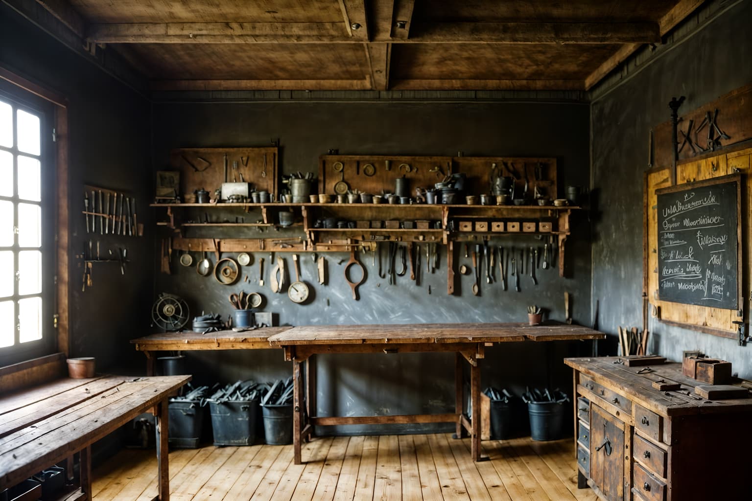 parisian-style (workshop interior) with wooden workbench and messy and tool wall and wooden workbench. . . cinematic photo, highly detailed, cinematic lighting, ultra-detailed, ultrarealistic, photorealism, 8k. parisian interior design style. masterpiece, cinematic light, ultrarealistic+, photorealistic+, 8k, raw photo, realistic, sharp focus on eyes, (symmetrical eyes), (intact eyes), hyperrealistic, highest quality, best quality, , highly detailed, masterpiece, best quality, extremely detailed 8k wallpaper, masterpiece, best quality, ultra-detailed, best shadow, detailed background, detailed face, detailed eyes, high contrast, best illumination, detailed face, dulux, caustic, dynamic angle, detailed glow. dramatic lighting. highly detailed, insanely detailed hair, symmetrical, intricate details, professionally retouched, 8k high definition. strong bokeh. award winning photo.