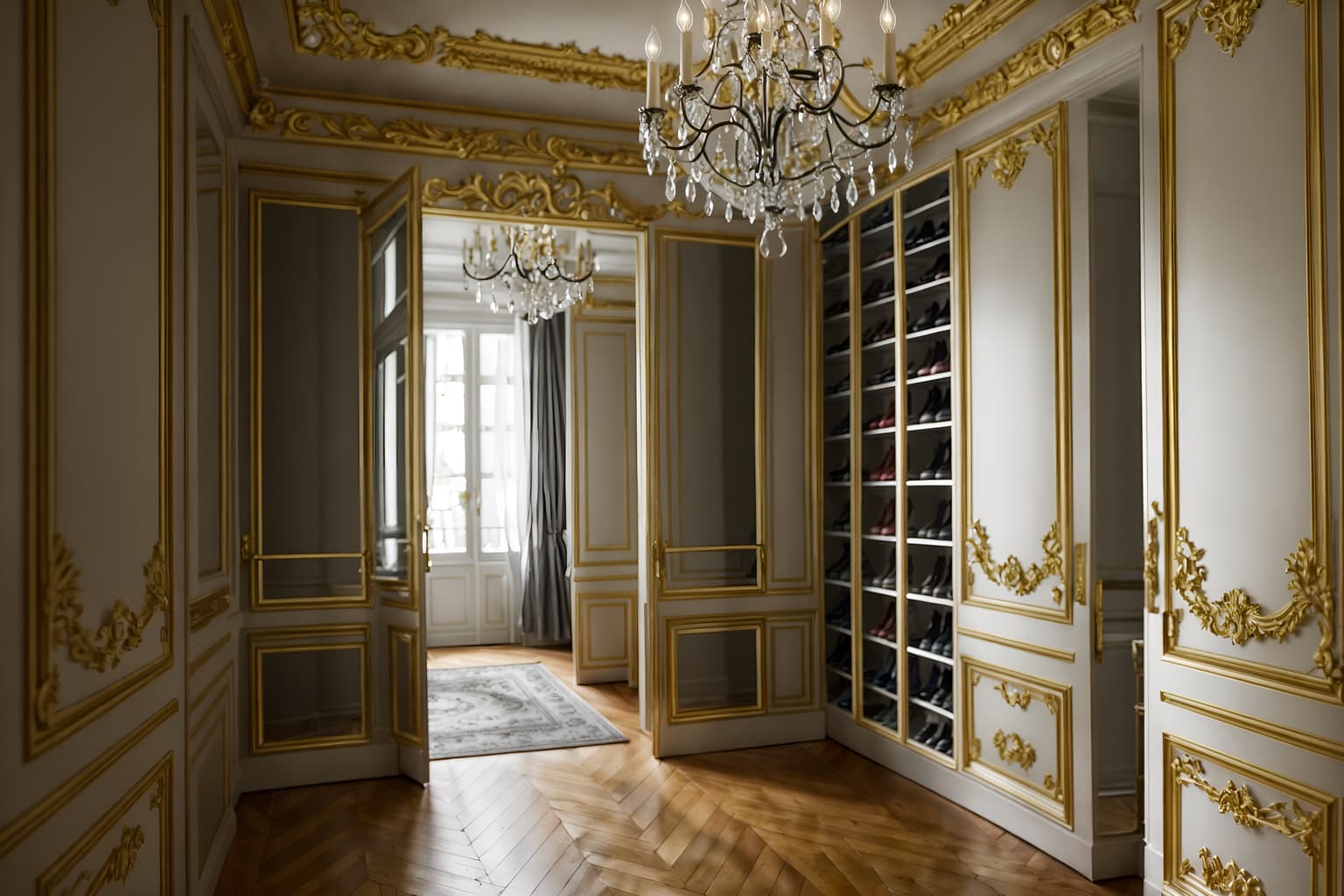 parisian-style (walk in closet interior) . . cinematic photo, highly detailed, cinematic lighting, ultra-detailed, ultrarealistic, photorealism, 8k. parisian interior design style. masterpiece, cinematic light, ultrarealistic+, photorealistic+, 8k, raw photo, realistic, sharp focus on eyes, (symmetrical eyes), (intact eyes), hyperrealistic, highest quality, best quality, , highly detailed, masterpiece, best quality, extremely detailed 8k wallpaper, masterpiece, best quality, ultra-detailed, best shadow, detailed background, detailed face, detailed eyes, high contrast, best illumination, detailed face, dulux, caustic, dynamic angle, detailed glow. dramatic lighting. highly detailed, insanely detailed hair, symmetrical, intricate details, professionally retouched, 8k high definition. strong bokeh. award winning photo.