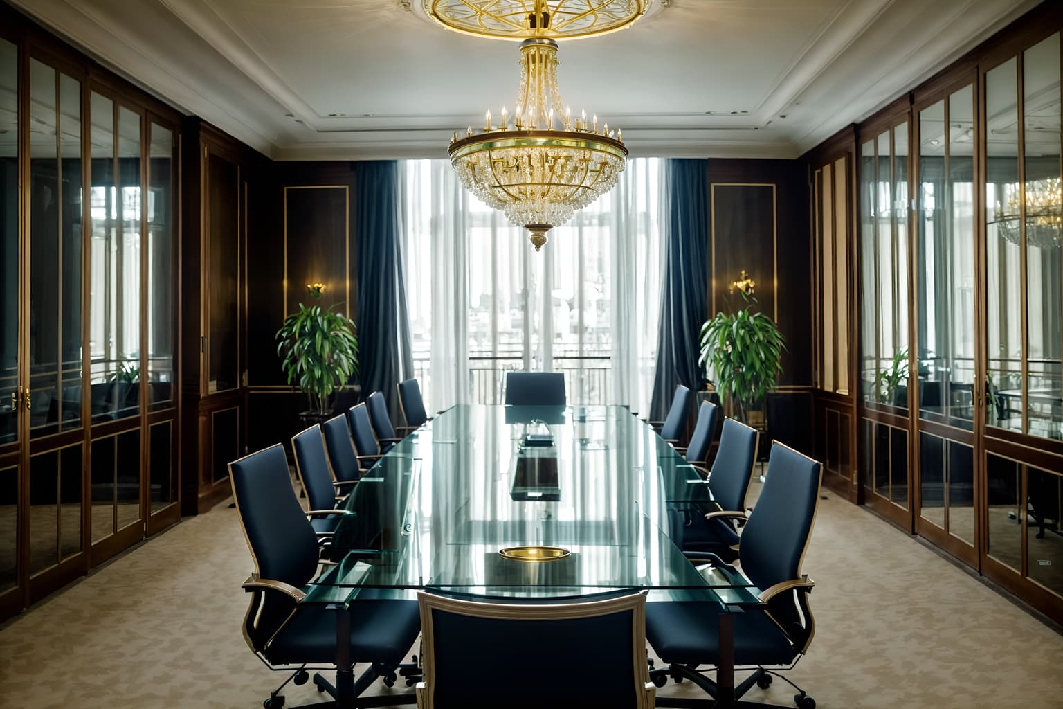 parisian-style (meeting room interior) with glass walls and office chairs and glass doors and boardroom table and vase and plant and cabinets and painting or photo on wall. . . cinematic photo, highly detailed, cinematic lighting, ultra-detailed, ultrarealistic, photorealism, 8k. parisian interior design style. masterpiece, cinematic light, ultrarealistic+, photorealistic+, 8k, raw photo, realistic, sharp focus on eyes, (symmetrical eyes), (intact eyes), hyperrealistic, highest quality, best quality, , highly detailed, masterpiece, best quality, extremely detailed 8k wallpaper, masterpiece, best quality, ultra-detailed, best shadow, detailed background, detailed face, detailed eyes, high contrast, best illumination, detailed face, dulux, caustic, dynamic angle, detailed glow. dramatic lighting. highly detailed, insanely detailed hair, symmetrical, intricate details, professionally retouched, 8k high definition. strong bokeh. award winning photo.