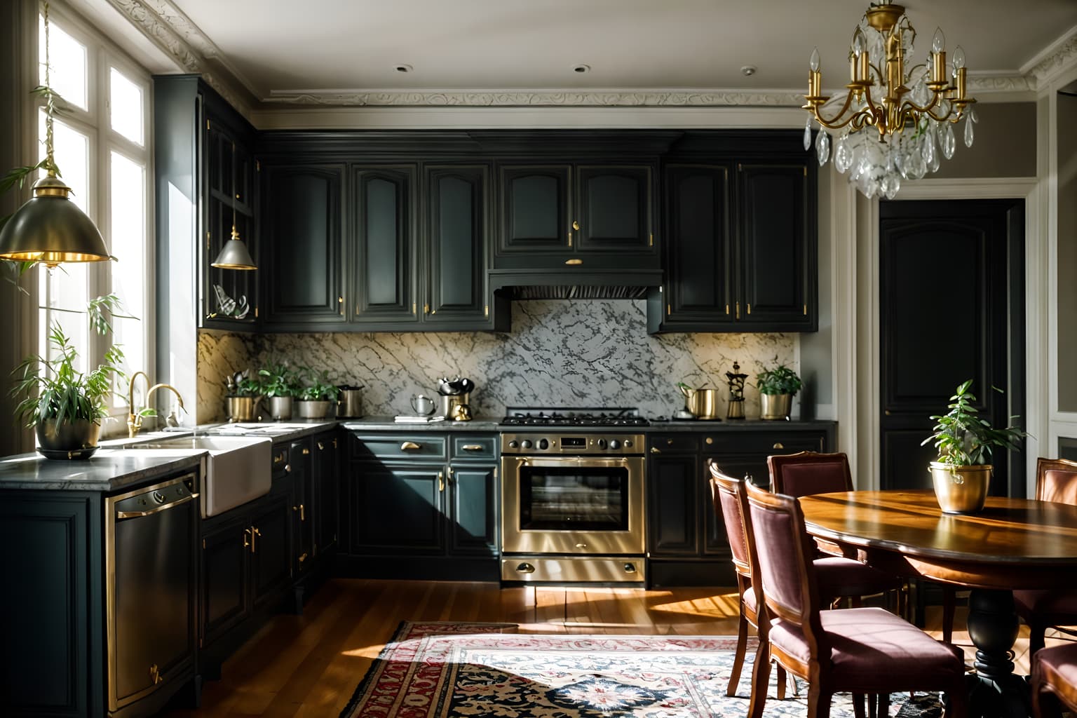 parisian-style (kitchen living combo interior) with plant and electric lamps and stove and plant and rug and furniture and kitchen cabinets and occasional tables. . . cinematic photo, highly detailed, cinematic lighting, ultra-detailed, ultrarealistic, photorealism, 8k. parisian interior design style. masterpiece, cinematic light, ultrarealistic+, photorealistic+, 8k, raw photo, realistic, sharp focus on eyes, (symmetrical eyes), (intact eyes), hyperrealistic, highest quality, best quality, , highly detailed, masterpiece, best quality, extremely detailed 8k wallpaper, masterpiece, best quality, ultra-detailed, best shadow, detailed background, detailed face, detailed eyes, high contrast, best illumination, detailed face, dulux, caustic, dynamic angle, detailed glow. dramatic lighting. highly detailed, insanely detailed hair, symmetrical, intricate details, professionally retouched, 8k high definition. strong bokeh. award winning photo.