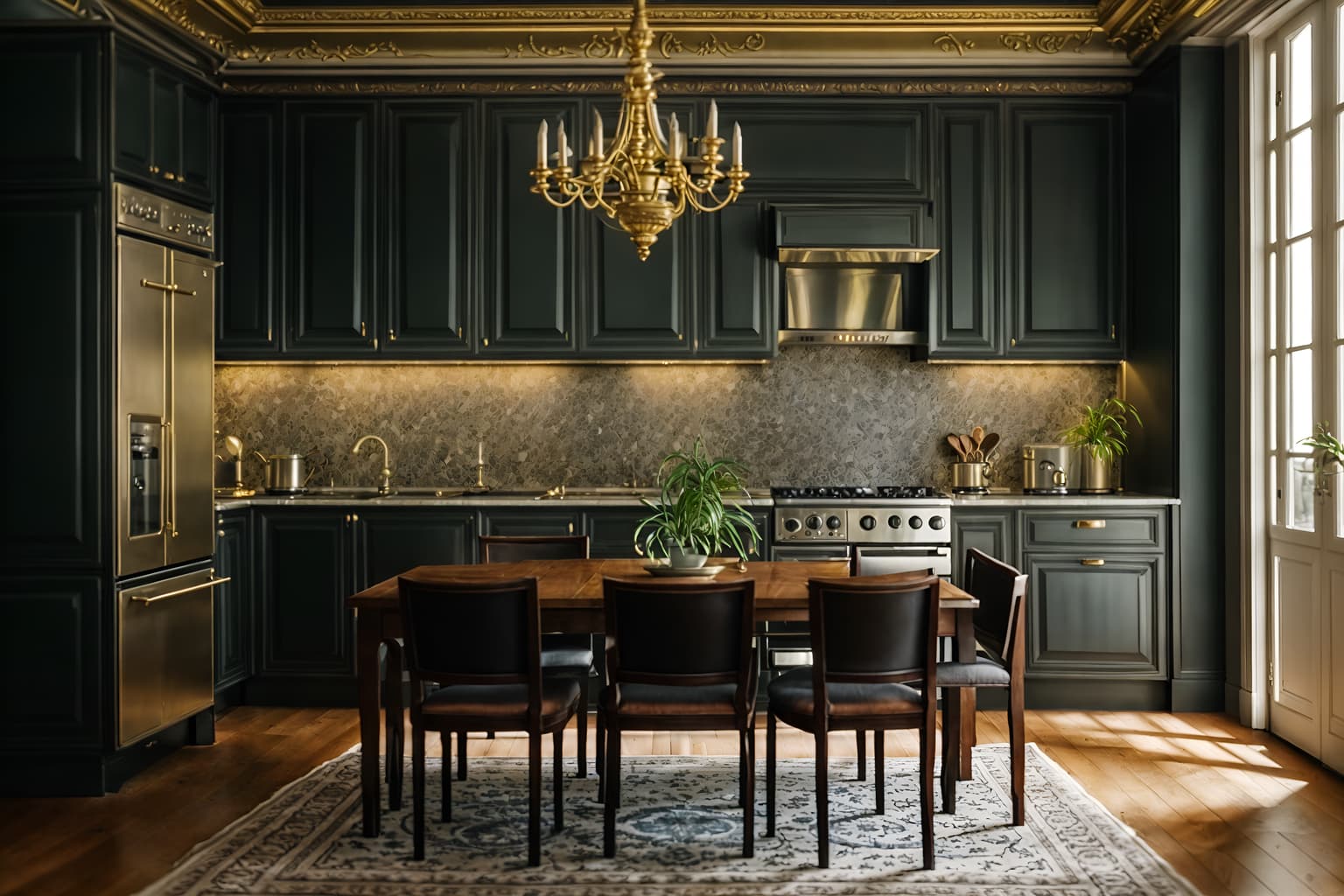 parisian-style (kitchen living combo interior) with plant and electric lamps and stove and plant and rug and furniture and kitchen cabinets and occasional tables. . . cinematic photo, highly detailed, cinematic lighting, ultra-detailed, ultrarealistic, photorealism, 8k. parisian interior design style. masterpiece, cinematic light, ultrarealistic+, photorealistic+, 8k, raw photo, realistic, sharp focus on eyes, (symmetrical eyes), (intact eyes), hyperrealistic, highest quality, best quality, , highly detailed, masterpiece, best quality, extremely detailed 8k wallpaper, masterpiece, best quality, ultra-detailed, best shadow, detailed background, detailed face, detailed eyes, high contrast, best illumination, detailed face, dulux, caustic, dynamic angle, detailed glow. dramatic lighting. highly detailed, insanely detailed hair, symmetrical, intricate details, professionally retouched, 8k high definition. strong bokeh. award winning photo.