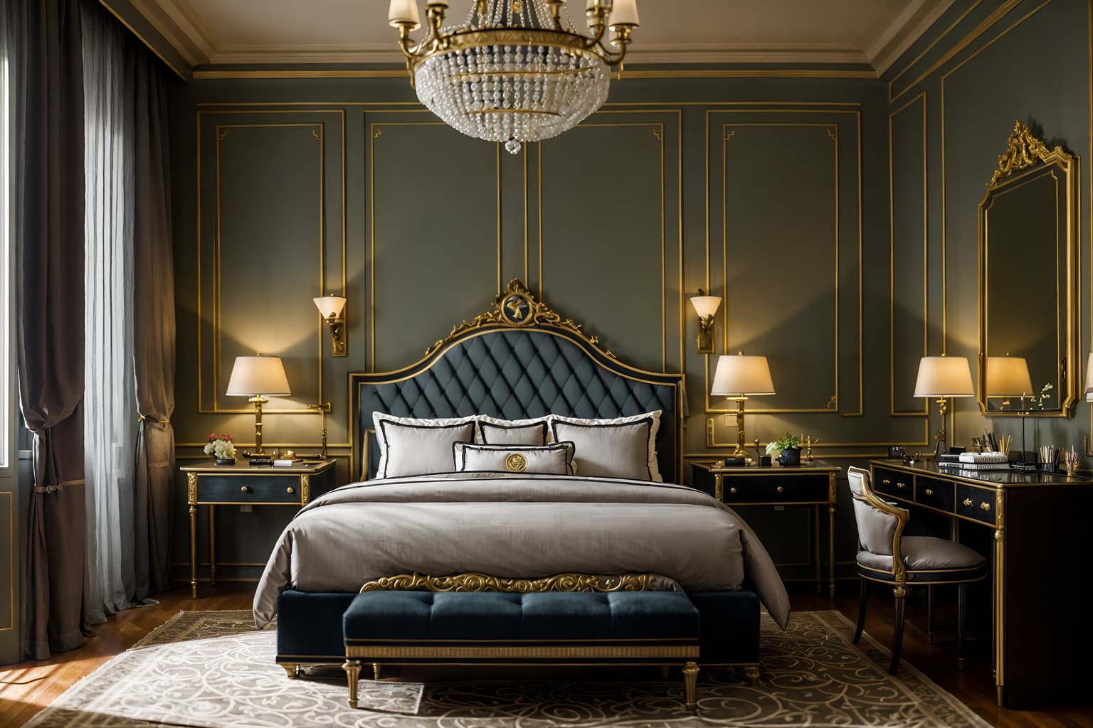 parisian-style (hotel room interior) with night light and plant and storage bench or ottoman and hotel bathroom and headboard and dresser closet and bed and working desk with desk chair. . . cinematic photo, highly detailed, cinematic lighting, ultra-detailed, ultrarealistic, photorealism, 8k. parisian interior design style. masterpiece, cinematic light, ultrarealistic+, photorealistic+, 8k, raw photo, realistic, sharp focus on eyes, (symmetrical eyes), (intact eyes), hyperrealistic, highest quality, best quality, , highly detailed, masterpiece, best quality, extremely detailed 8k wallpaper, masterpiece, best quality, ultra-detailed, best shadow, detailed background, detailed face, detailed eyes, high contrast, best illumination, detailed face, dulux, caustic, dynamic angle, detailed glow. dramatic lighting. highly detailed, insanely detailed hair, symmetrical, intricate details, professionally retouched, 8k high definition. strong bokeh. award winning photo.