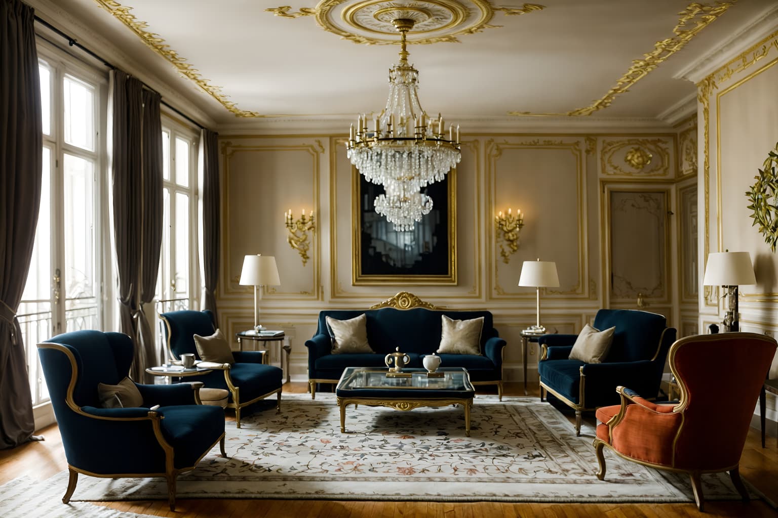 parisian-style (living room interior) with plant and electric lamps and coffee tables and occasional tables and televisions and rug and sofa and chairs. . . cinematic photo, highly detailed, cinematic lighting, ultra-detailed, ultrarealistic, photorealism, 8k. parisian interior design style. masterpiece, cinematic light, ultrarealistic+, photorealistic+, 8k, raw photo, realistic, sharp focus on eyes, (symmetrical eyes), (intact eyes), hyperrealistic, highest quality, best quality, , highly detailed, masterpiece, best quality, extremely detailed 8k wallpaper, masterpiece, best quality, ultra-detailed, best shadow, detailed background, detailed face, detailed eyes, high contrast, best illumination, detailed face, dulux, caustic, dynamic angle, detailed glow. dramatic lighting. highly detailed, insanely detailed hair, symmetrical, intricate details, professionally retouched, 8k high definition. strong bokeh. award winning photo.