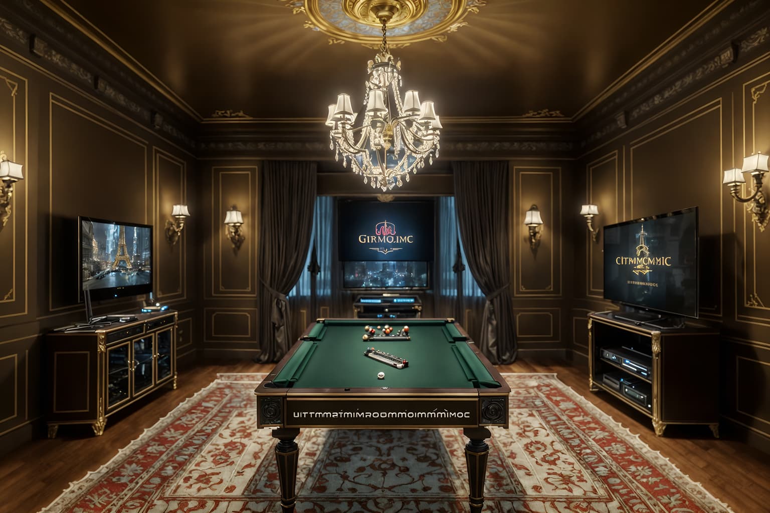 parisian-style (gaming room interior) . . cinematic photo, highly detailed, cinematic lighting, ultra-detailed, ultrarealistic, photorealism, 8k. parisian interior design style. masterpiece, cinematic light, ultrarealistic+, photorealistic+, 8k, raw photo, realistic, sharp focus on eyes, (symmetrical eyes), (intact eyes), hyperrealistic, highest quality, best quality, , highly detailed, masterpiece, best quality, extremely detailed 8k wallpaper, masterpiece, best quality, ultra-detailed, best shadow, detailed background, detailed face, detailed eyes, high contrast, best illumination, detailed face, dulux, caustic, dynamic angle, detailed glow. dramatic lighting. highly detailed, insanely detailed hair, symmetrical, intricate details, professionally retouched, 8k high definition. strong bokeh. award winning photo.