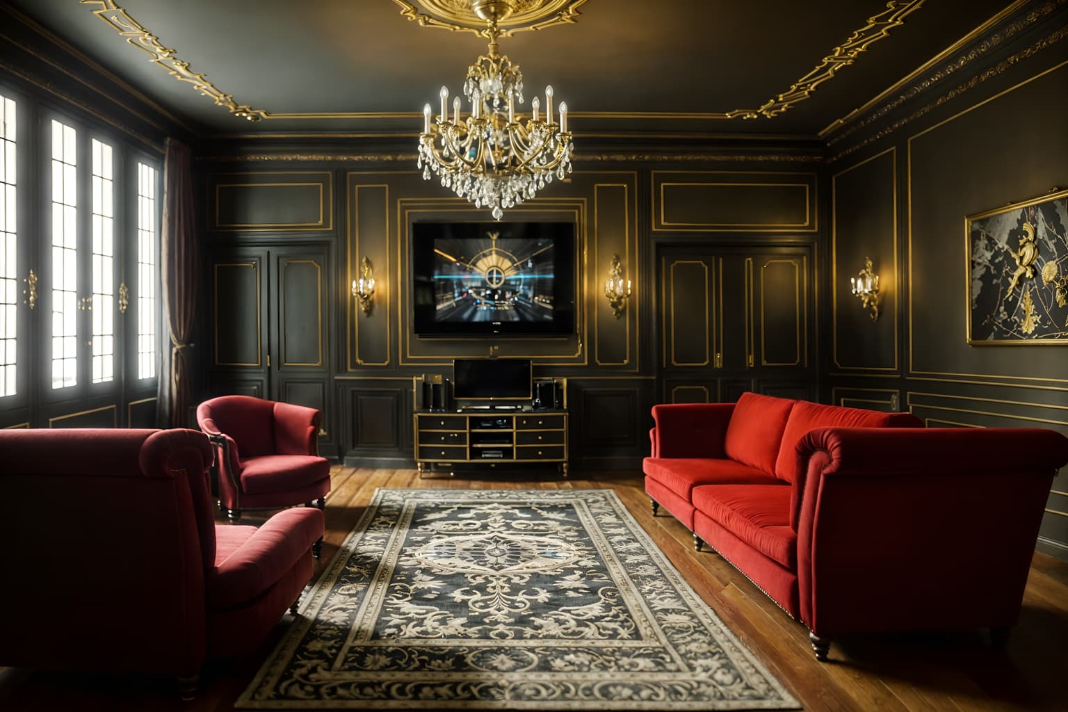 parisian-style (gaming room interior) . . cinematic photo, highly detailed, cinematic lighting, ultra-detailed, ultrarealistic, photorealism, 8k. parisian interior design style. masterpiece, cinematic light, ultrarealistic+, photorealistic+, 8k, raw photo, realistic, sharp focus on eyes, (symmetrical eyes), (intact eyes), hyperrealistic, highest quality, best quality, , highly detailed, masterpiece, best quality, extremely detailed 8k wallpaper, masterpiece, best quality, ultra-detailed, best shadow, detailed background, detailed face, detailed eyes, high contrast, best illumination, detailed face, dulux, caustic, dynamic angle, detailed glow. dramatic lighting. highly detailed, insanely detailed hair, symmetrical, intricate details, professionally retouched, 8k high definition. strong bokeh. award winning photo.