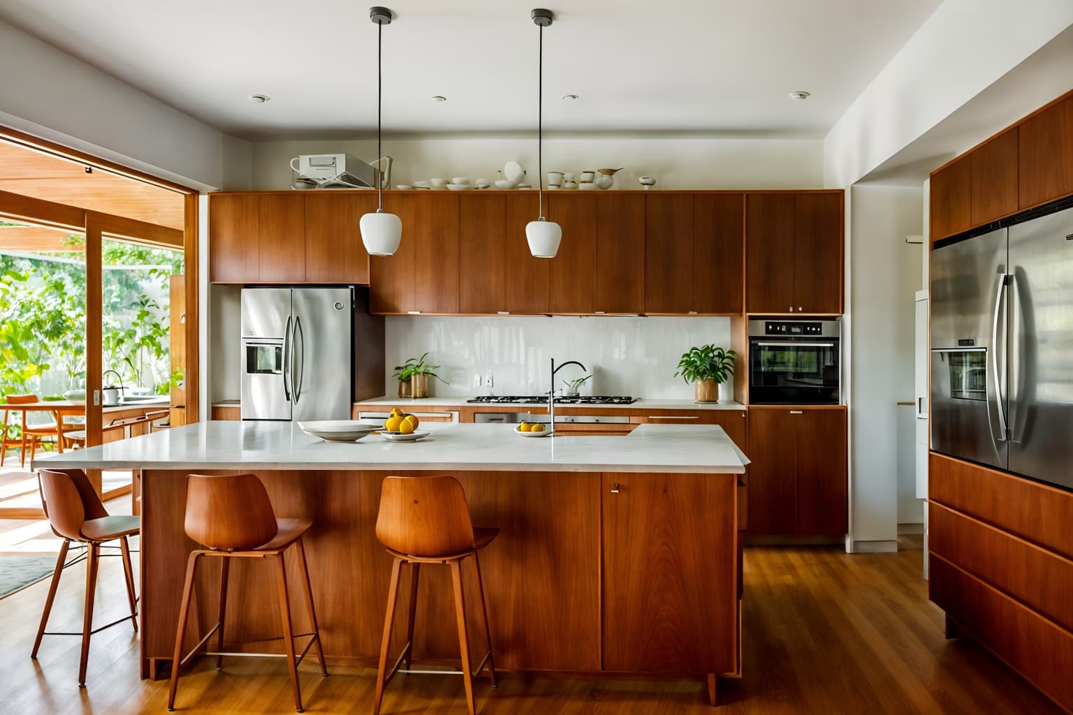 midcentury modern-style (kitchen interior) with sink and plant and stove and kitchen cabinets and worktops and refrigerator and sink. . with minimalist and graphic shapes and integrating indoor and outdoor motifs and clean lines and nature indoors and natural and manmade materials and organic and geometric shapes and wood pendant light mid century modern chandelier. . cinematic photo, highly detailed, cinematic lighting, ultra-detailed, ultrarealistic, photorealism, 8k. midcentury modern interior design style. masterpiece, cinematic light, ultrarealistic+, photorealistic+, 8k, raw photo, realistic, sharp focus on eyes, (symmetrical eyes), (intact eyes), hyperrealistic, highest quality, best quality, , highly detailed, masterpiece, best quality, extremely detailed 8k wallpaper, masterpiece, best quality, ultra-detailed, best shadow, detailed background, detailed face, detailed eyes, high contrast, best illumination, detailed face, dulux, caustic, dynamic angle, detailed glow. dramatic lighting. highly detailed, insanely detailed hair, symmetrical, intricate details, professionally retouched, 8k high definition. strong bokeh. award winning photo.