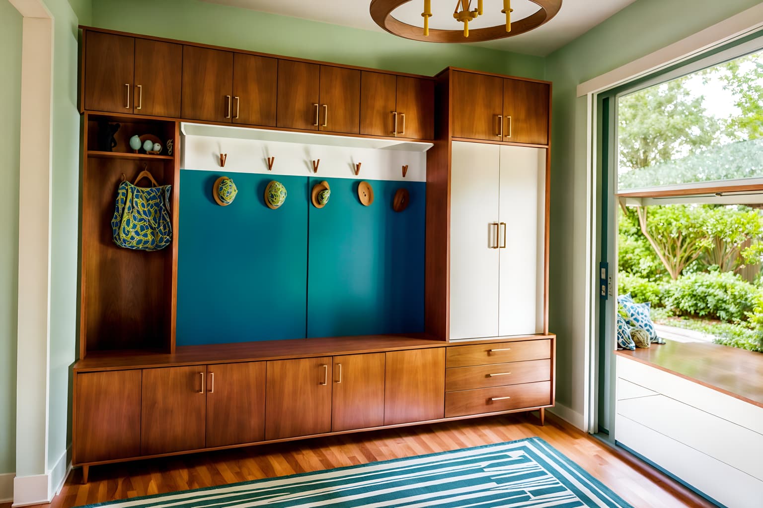 midcentury modern-style (mudroom interior) with high up storage and a bench and cubbies and cabinets and wall hooks for coats and shelves for shoes and storage baskets and storage drawers. . with function over form and minimalist and mid century modern mobile chandelier and vibrant colors and integrating indoor and outdoor motifs and nature indoors and wood pendant light mid century modern chandelier and graphic shapes. . cinematic photo, highly detailed, cinematic lighting, ultra-detailed, ultrarealistic, photorealism, 8k. midcentury modern interior design style. masterpiece, cinematic light, ultrarealistic+, photorealistic+, 8k, raw photo, realistic, sharp focus on eyes, (symmetrical eyes), (intact eyes), hyperrealistic, highest quality, best quality, , highly detailed, masterpiece, best quality, extremely detailed 8k wallpaper, masterpiece, best quality, ultra-detailed, best shadow, detailed background, detailed face, detailed eyes, high contrast, best illumination, detailed face, dulux, caustic, dynamic angle, detailed glow. dramatic lighting. highly detailed, insanely detailed hair, symmetrical, intricate details, professionally retouched, 8k high definition. strong bokeh. award winning photo.