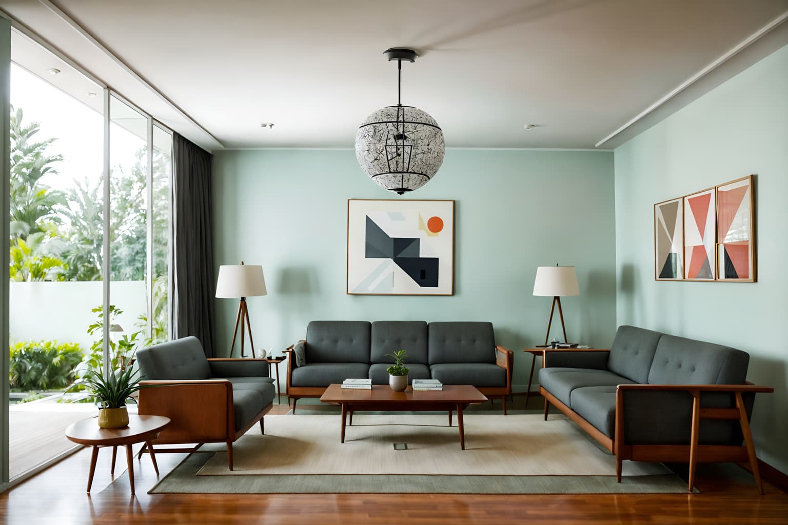 midcentury modern-style (exhibition space interior) . with minimalist and function over form and organic and geometric shapes and integrating indoor and outdoor motifs and clean lines and nature indoors and muted tones and mid century modern mobile chandelier. . cinematic photo, highly detailed, cinematic lighting, ultra-detailed, ultrarealistic, photorealism, 8k. midcentury modern interior design style. masterpiece, cinematic light, ultrarealistic+, photorealistic+, 8k, raw photo, realistic, sharp focus on eyes, (symmetrical eyes), (intact eyes), hyperrealistic, highest quality, best quality, , highly detailed, masterpiece, best quality, extremely detailed 8k wallpaper, masterpiece, best quality, ultra-detailed, best shadow, detailed background, detailed face, detailed eyes, high contrast, best illumination, detailed face, dulux, caustic, dynamic angle, detailed glow. dramatic lighting. highly detailed, insanely detailed hair, symmetrical, intricate details, professionally retouched, 8k high definition. strong bokeh. award winning photo.