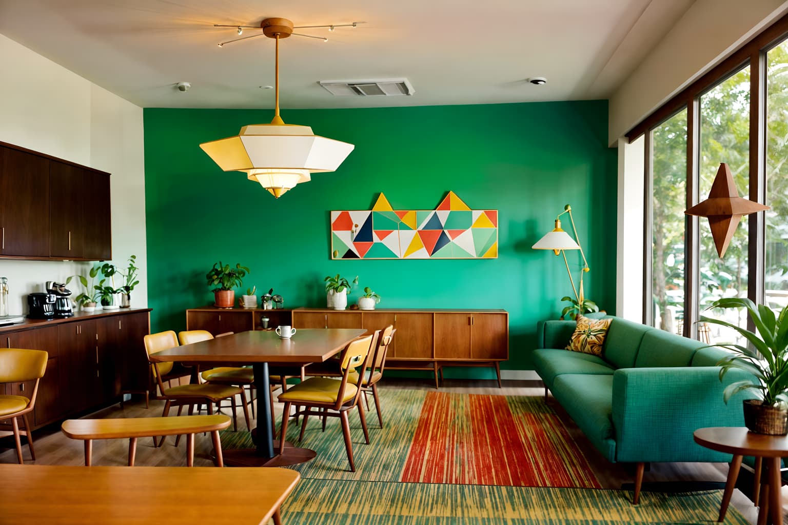 midcentury modern-style (coffee shop interior) . with vibrant colors and natural and manmade materials and mid century modern mobile chandelier and graphic shapes and integrating indoor and outdoor motifs and minimalist and muted tones and organic and geometric shapes. . cinematic photo, highly detailed, cinematic lighting, ultra-detailed, ultrarealistic, photorealism, 8k. midcentury modern interior design style. masterpiece, cinematic light, ultrarealistic+, photorealistic+, 8k, raw photo, realistic, sharp focus on eyes, (symmetrical eyes), (intact eyes), hyperrealistic, highest quality, best quality, , highly detailed, masterpiece, best quality, extremely detailed 8k wallpaper, masterpiece, best quality, ultra-detailed, best shadow, detailed background, detailed face, detailed eyes, high contrast, best illumination, detailed face, dulux, caustic, dynamic angle, detailed glow. dramatic lighting. highly detailed, insanely detailed hair, symmetrical, intricate details, professionally retouched, 8k high definition. strong bokeh. award winning photo.