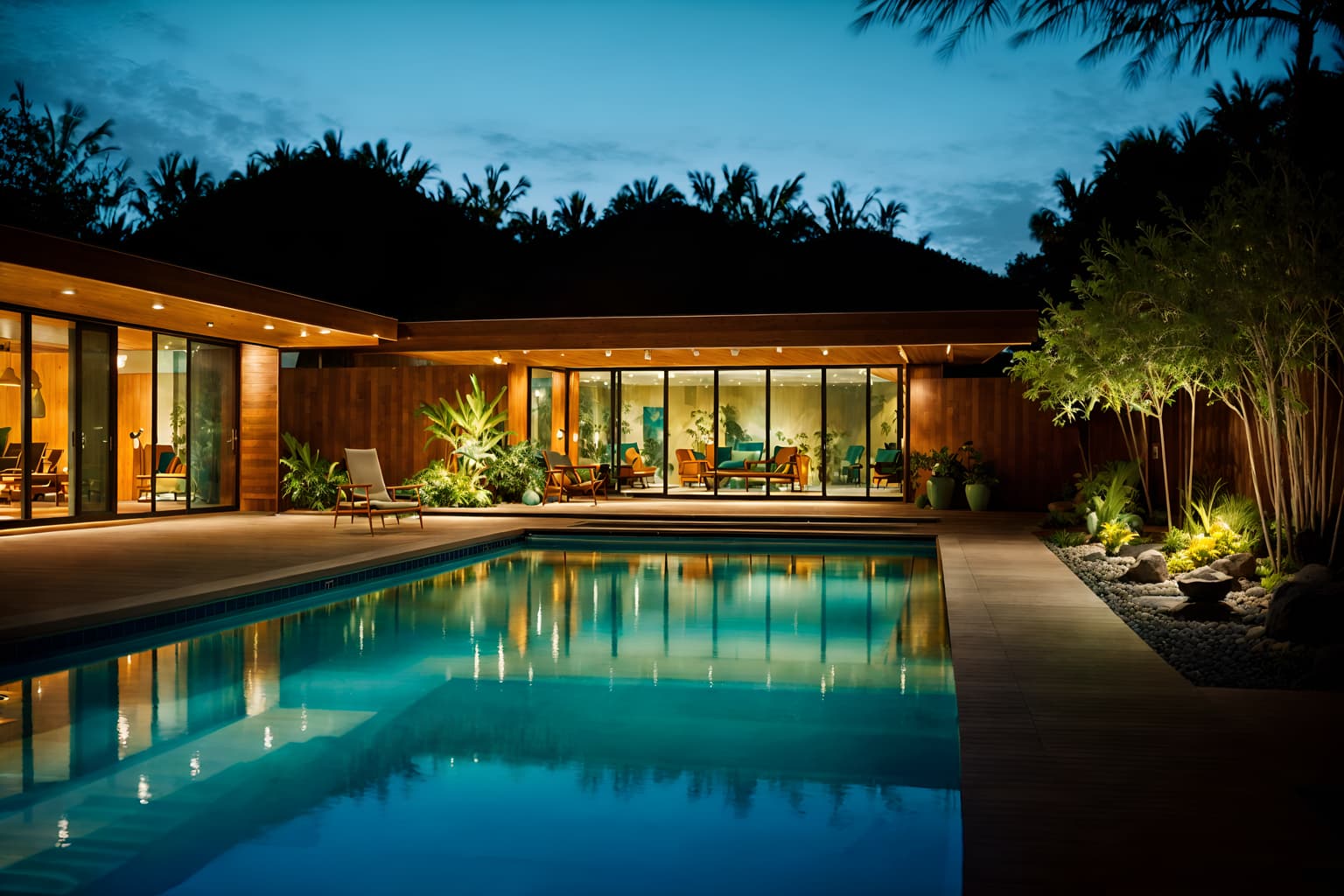 midcentury modern-style designed (outdoor pool area ) with pool lights and pool and pool lounge chairs and pool lights. . with natural and manmade materials and minimalist and organic and geometric shapes and nature indoors and integrating indoor and outdoor motifs and muted tones and wood pendant light mid century modern chandelier and clean lines. . cinematic photo, highly detailed, cinematic lighting, ultra-detailed, ultrarealistic, photorealism, 8k. midcentury modern design style. masterpiece, cinematic light, ultrarealistic+, photorealistic+, 8k, raw photo, realistic, sharp focus on eyes, (symmetrical eyes), (intact eyes), hyperrealistic, highest quality, best quality, , highly detailed, masterpiece, best quality, extremely detailed 8k wallpaper, masterpiece, best quality, ultra-detailed, best shadow, detailed background, detailed face, detailed eyes, high contrast, best illumination, detailed face, dulux, caustic, dynamic angle, detailed glow. dramatic lighting. highly detailed, insanely detailed hair, symmetrical, intricate details, professionally retouched, 8k high definition. strong bokeh. award winning photo.