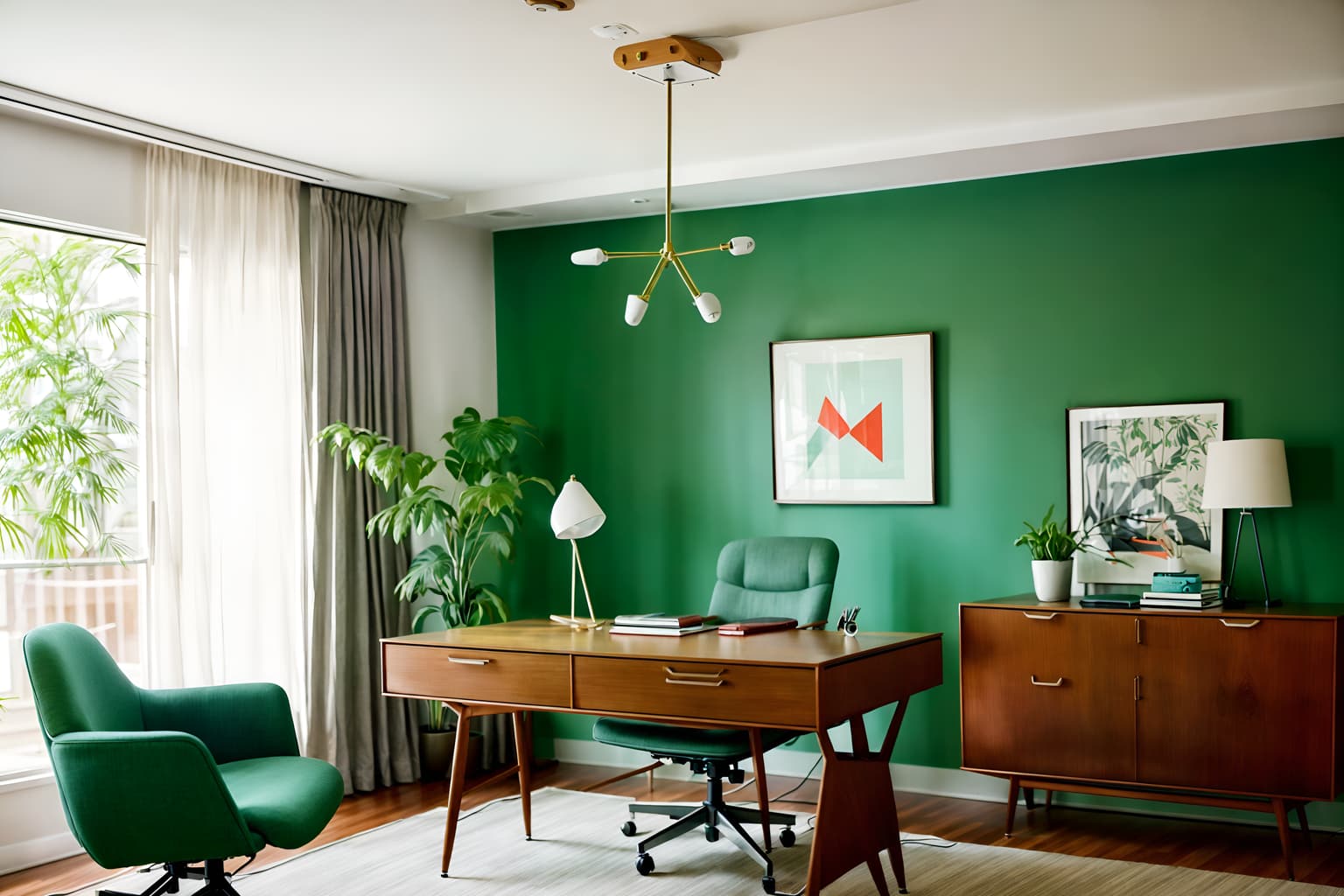 midcentury modern-style (home office interior) with office chair and computer desk and plant and desk lamp and cabinets and office chair. . with graphic shapes and function over form and minimalist and mid century modern mobile chandelier and vibrant colors and nature indoors and muted tones and clean lines. . cinematic photo, highly detailed, cinematic lighting, ultra-detailed, ultrarealistic, photorealism, 8k. midcentury modern interior design style. masterpiece, cinematic light, ultrarealistic+, photorealistic+, 8k, raw photo, realistic, sharp focus on eyes, (symmetrical eyes), (intact eyes), hyperrealistic, highest quality, best quality, , highly detailed, masterpiece, best quality, extremely detailed 8k wallpaper, masterpiece, best quality, ultra-detailed, best shadow, detailed background, detailed face, detailed eyes, high contrast, best illumination, detailed face, dulux, caustic, dynamic angle, detailed glow. dramatic lighting. highly detailed, insanely detailed hair, symmetrical, intricate details, professionally retouched, 8k high definition. strong bokeh. award winning photo.