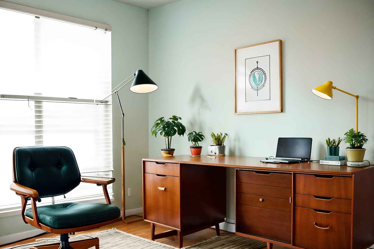 midcentury modern-style (home office interior) with office chair and computer desk and plant and desk lamp and cabinets and office chair. . with graphic shapes and function over form and minimalist and mid century modern mobile chandelier and vibrant colors and nature indoors and muted tones and clean lines. . cinematic photo, highly detailed, cinematic lighting, ultra-detailed, ultrarealistic, photorealism, 8k. midcentury modern interior design style. masterpiece, cinematic light, ultrarealistic+, photorealistic+, 8k, raw photo, realistic, sharp focus on eyes, (symmetrical eyes), (intact eyes), hyperrealistic, highest quality, best quality, , highly detailed, masterpiece, best quality, extremely detailed 8k wallpaper, masterpiece, best quality, ultra-detailed, best shadow, detailed background, detailed face, detailed eyes, high contrast, best illumination, detailed face, dulux, caustic, dynamic angle, detailed glow. dramatic lighting. highly detailed, insanely detailed hair, symmetrical, intricate details, professionally retouched, 8k high definition. strong bokeh. award winning photo.