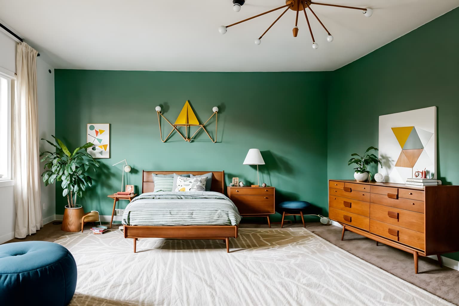midcentury modern-style (kids room interior) with storage bench or ottoman and headboard and bed and plant and kids desk and dresser closet and bedside table or night stand and accent chair. . with organic and geometric shapes and mid century modern mobile chandelier and minimalist and nature indoors and muted tones and function over form and graphic shapes and clean lines. . cinematic photo, highly detailed, cinematic lighting, ultra-detailed, ultrarealistic, photorealism, 8k. midcentury modern interior design style. masterpiece, cinematic light, ultrarealistic+, photorealistic+, 8k, raw photo, realistic, sharp focus on eyes, (symmetrical eyes), (intact eyes), hyperrealistic, highest quality, best quality, , highly detailed, masterpiece, best quality, extremely detailed 8k wallpaper, masterpiece, best quality, ultra-detailed, best shadow, detailed background, detailed face, detailed eyes, high contrast, best illumination, detailed face, dulux, caustic, dynamic angle, detailed glow. dramatic lighting. highly detailed, insanely detailed hair, symmetrical, intricate details, professionally retouched, 8k high definition. strong bokeh. award winning photo.