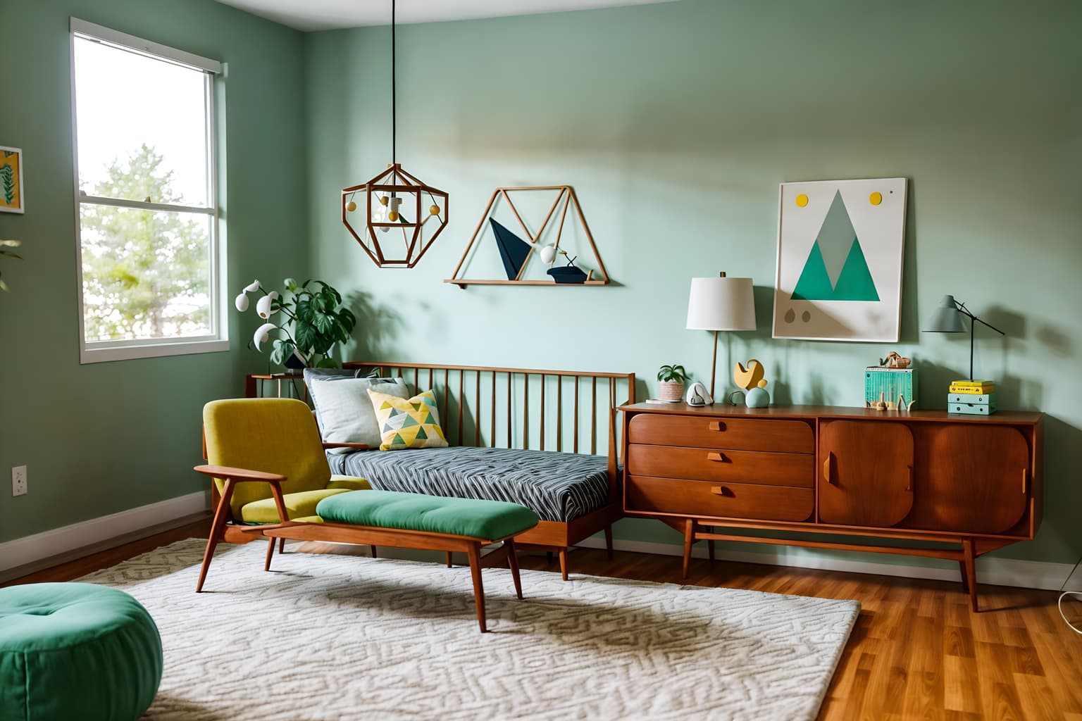 midcentury modern-style (kids room interior) with storage bench or ottoman and headboard and bed and plant and kids desk and dresser closet and bedside table or night stand and accent chair. . with organic and geometric shapes and mid century modern mobile chandelier and minimalist and nature indoors and muted tones and function over form and graphic shapes and clean lines. . cinematic photo, highly detailed, cinematic lighting, ultra-detailed, ultrarealistic, photorealism, 8k. midcentury modern interior design style. masterpiece, cinematic light, ultrarealistic+, photorealistic+, 8k, raw photo, realistic, sharp focus on eyes, (symmetrical eyes), (intact eyes), hyperrealistic, highest quality, best quality, , highly detailed, masterpiece, best quality, extremely detailed 8k wallpaper, masterpiece, best quality, ultra-detailed, best shadow, detailed background, detailed face, detailed eyes, high contrast, best illumination, detailed face, dulux, caustic, dynamic angle, detailed glow. dramatic lighting. highly detailed, insanely detailed hair, symmetrical, intricate details, professionally retouched, 8k high definition. strong bokeh. award winning photo.