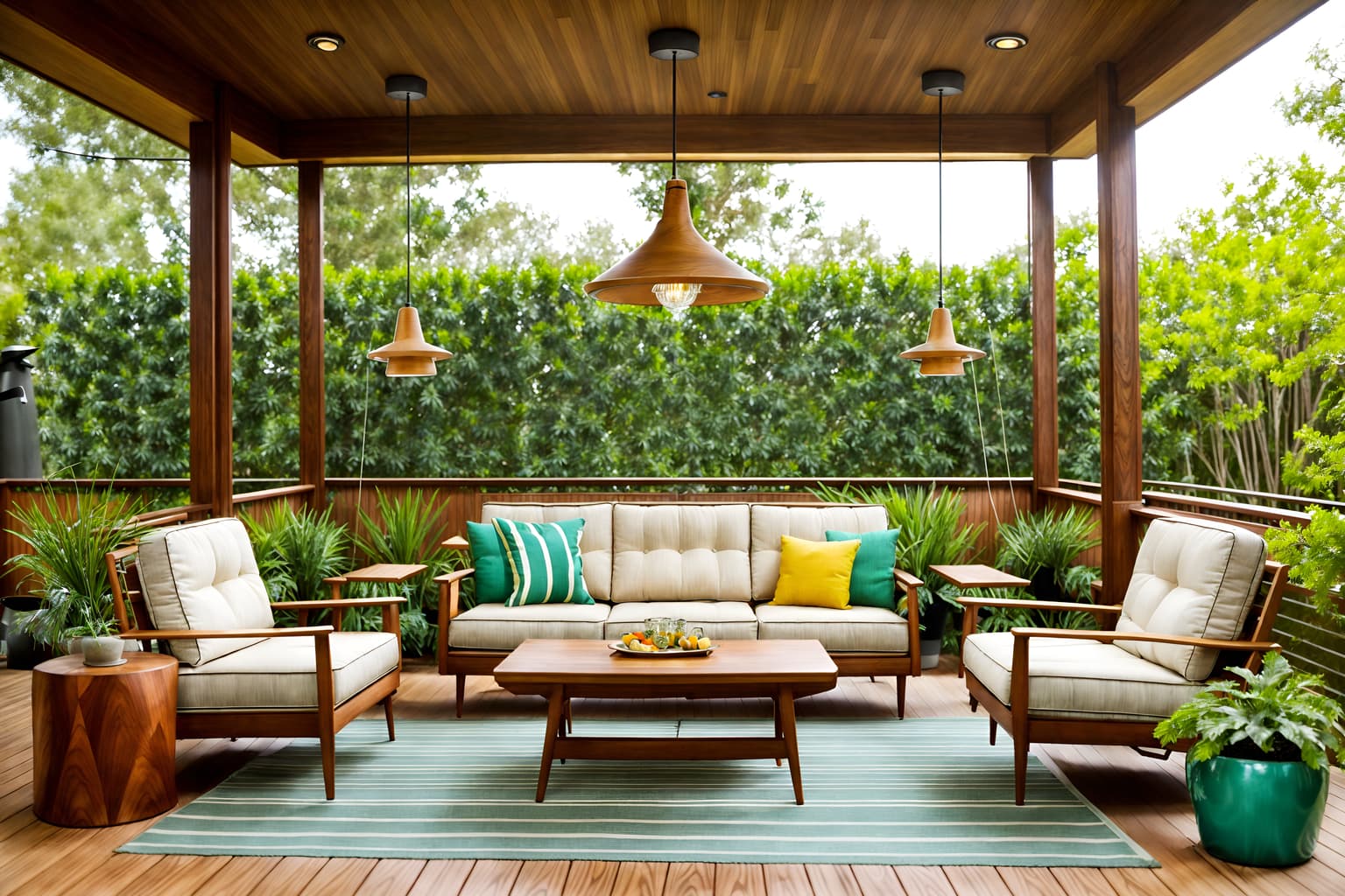 midcentury modern-style designed (outdoor patio ) with deck with deck chairs and barbeque or grill and plant and grass and patio couch with pillows and deck with deck chairs. . with natural and manmade materials and integrating indoor and outdoor motifs and wood pendant light mid century modern chandelier and clean lines and function over form and mid century modern mobile chandelier and vibrant colors and muted tones. . cinematic photo, highly detailed, cinematic lighting, ultra-detailed, ultrarealistic, photorealism, 8k. midcentury modern design style. masterpiece, cinematic light, ultrarealistic+, photorealistic+, 8k, raw photo, realistic, sharp focus on eyes, (symmetrical eyes), (intact eyes), hyperrealistic, highest quality, best quality, , highly detailed, masterpiece, best quality, extremely detailed 8k wallpaper, masterpiece, best quality, ultra-detailed, best shadow, detailed background, detailed face, detailed eyes, high contrast, best illumination, detailed face, dulux, caustic, dynamic angle, detailed glow. dramatic lighting. highly detailed, insanely detailed hair, symmetrical, intricate details, professionally retouched, 8k high definition. strong bokeh. award winning photo.