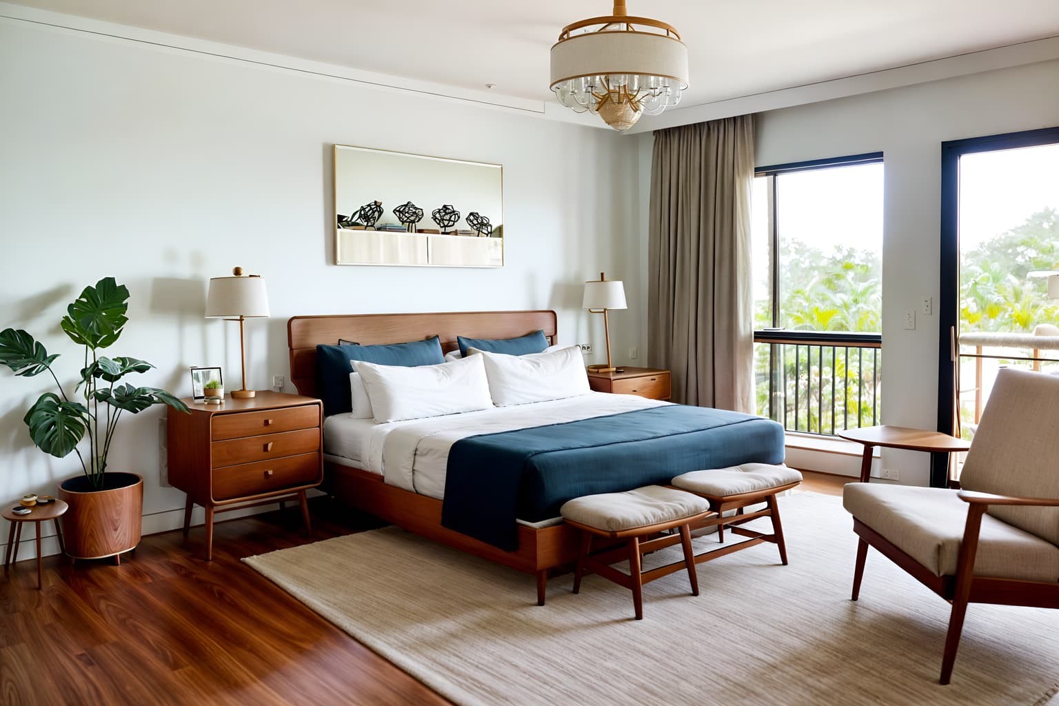 midcentury modern-style (hotel room interior) with bed and dresser closet and storage bench or ottoman and mirror and bedside table or night stand and accent chair and plant and headboard. . with minimalist and function over form and integrating indoor and outdoor motifs and graphic shapes and clean lines and wood pendant light mid century modern chandelier and muted tones and natural and manmade materials. . cinematic photo, highly detailed, cinematic lighting, ultra-detailed, ultrarealistic, photorealism, 8k. midcentury modern interior design style. masterpiece, cinematic light, ultrarealistic+, photorealistic+, 8k, raw photo, realistic, sharp focus on eyes, (symmetrical eyes), (intact eyes), hyperrealistic, highest quality, best quality, , highly detailed, masterpiece, best quality, extremely detailed 8k wallpaper, masterpiece, best quality, ultra-detailed, best shadow, detailed background, detailed face, detailed eyes, high contrast, best illumination, detailed face, dulux, caustic, dynamic angle, detailed glow. dramatic lighting. highly detailed, insanely detailed hair, symmetrical, intricate details, professionally retouched, 8k high definition. strong bokeh. award winning photo.