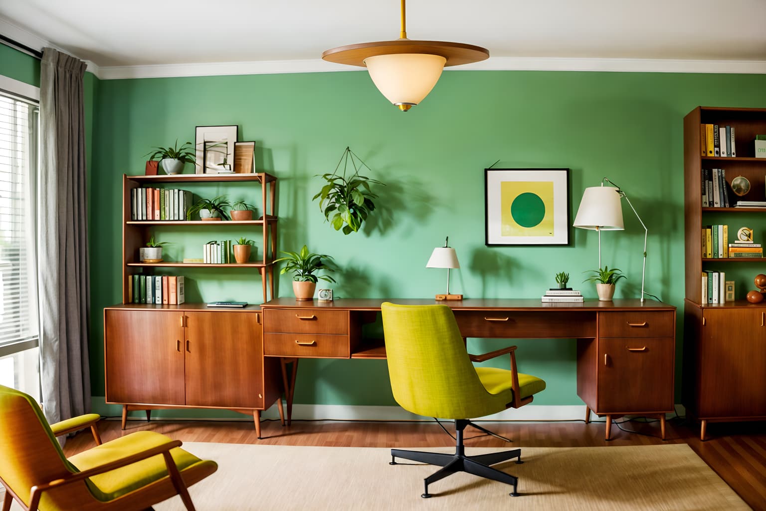 midcentury modern-style (study room interior) with lounge chair and desk lamp and bookshelves and cabinets and office chair and writing desk and plant and lounge chair. . with nature indoors and minimalist and graphic shapes and mid century modern mobile chandelier and vibrant colors and muted tones and function over form and natural and manmade materials. . cinematic photo, highly detailed, cinematic lighting, ultra-detailed, ultrarealistic, photorealism, 8k. midcentury modern interior design style. masterpiece, cinematic light, ultrarealistic+, photorealistic+, 8k, raw photo, realistic, sharp focus on eyes, (symmetrical eyes), (intact eyes), hyperrealistic, highest quality, best quality, , highly detailed, masterpiece, best quality, extremely detailed 8k wallpaper, masterpiece, best quality, ultra-detailed, best shadow, detailed background, detailed face, detailed eyes, high contrast, best illumination, detailed face, dulux, caustic, dynamic angle, detailed glow. dramatic lighting. highly detailed, insanely detailed hair, symmetrical, intricate details, professionally retouched, 8k high definition. strong bokeh. award winning photo.