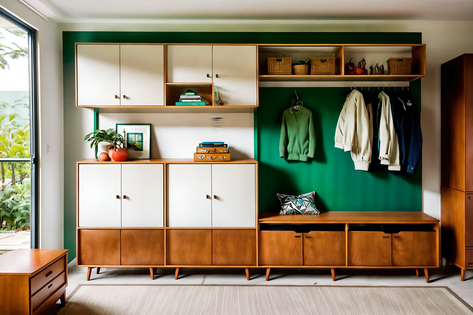 midcentury modern-style (drop zone interior) with shelves for shoes and a bench and storage drawers and storage baskets and wall hooks for coats and cabinets and lockers and high up storage. . with clean lines and integrating indoor and outdoor motifs and organic and geometric shapes and function over form and vibrant colors and nature indoors and natural and manmade materials and graphic shapes. . cinematic photo, highly detailed, cinematic lighting, ultra-detailed, ultrarealistic, photorealism, 8k. midcentury modern interior design style. masterpiece, cinematic light, ultrarealistic+, photorealistic+, 8k, raw photo, realistic, sharp focus on eyes, (symmetrical eyes), (intact eyes), hyperrealistic, highest quality, best quality, , highly detailed, masterpiece, best quality, extremely detailed 8k wallpaper, masterpiece, best quality, ultra-detailed, best shadow, detailed background, detailed face, detailed eyes, high contrast, best illumination, detailed face, dulux, caustic, dynamic angle, detailed glow. dramatic lighting. highly detailed, insanely detailed hair, symmetrical, intricate details, professionally retouched, 8k high definition. strong bokeh. award winning photo.