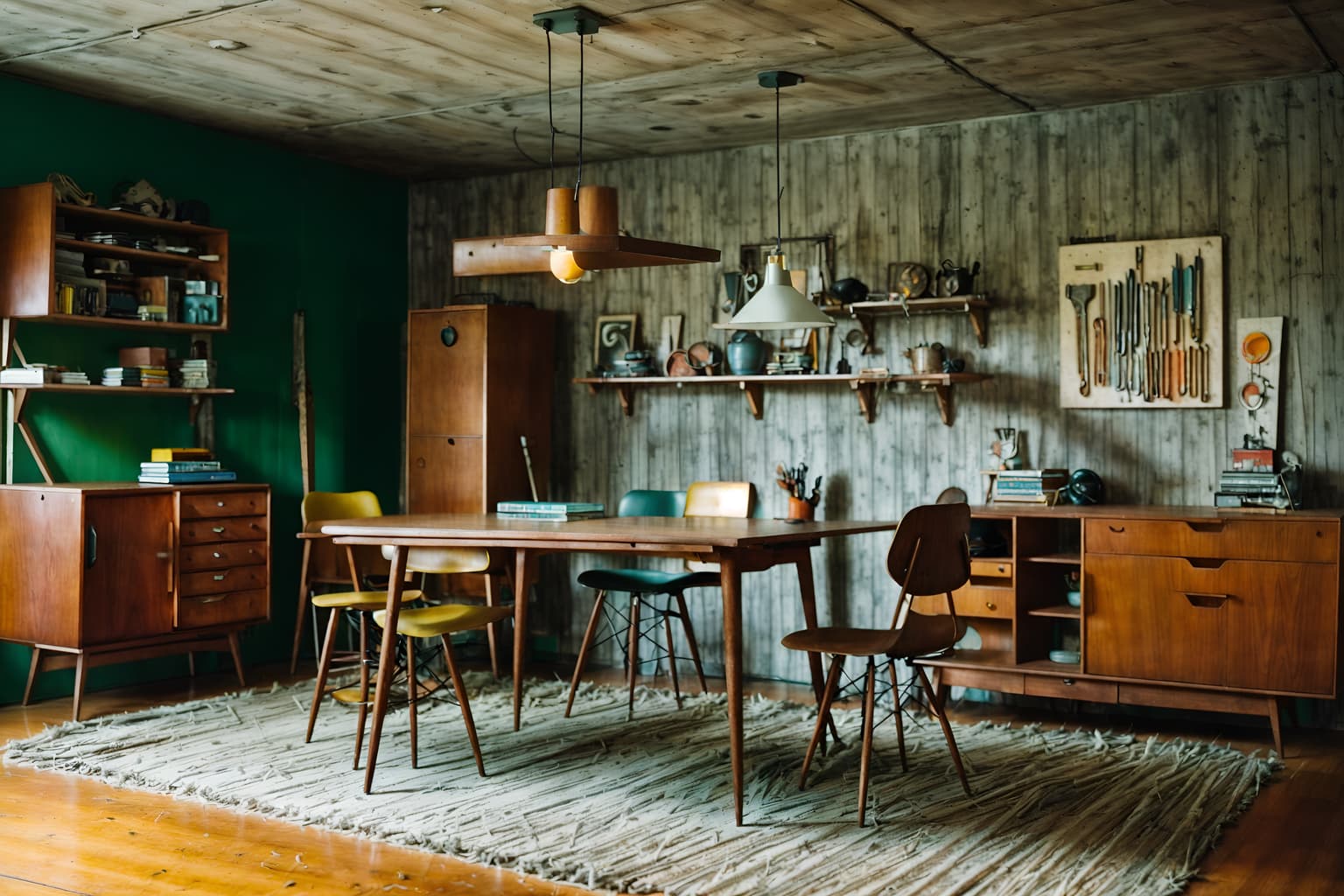midcentury modern-style (workshop interior) with messy and wooden workbench and tool wall and messy. . with graphic shapes and muted tones and organic and geometric shapes and vibrant colors and natural and manmade materials and mid century modern mobile chandelier and minimalist and function over form. . cinematic photo, highly detailed, cinematic lighting, ultra-detailed, ultrarealistic, photorealism, 8k. midcentury modern interior design style. masterpiece, cinematic light, ultrarealistic+, photorealistic+, 8k, raw photo, realistic, sharp focus on eyes, (symmetrical eyes), (intact eyes), hyperrealistic, highest quality, best quality, , highly detailed, masterpiece, best quality, extremely detailed 8k wallpaper, masterpiece, best quality, ultra-detailed, best shadow, detailed background, detailed face, detailed eyes, high contrast, best illumination, detailed face, dulux, caustic, dynamic angle, detailed glow. dramatic lighting. highly detailed, insanely detailed hair, symmetrical, intricate details, professionally retouched, 8k high definition. strong bokeh. award winning photo.