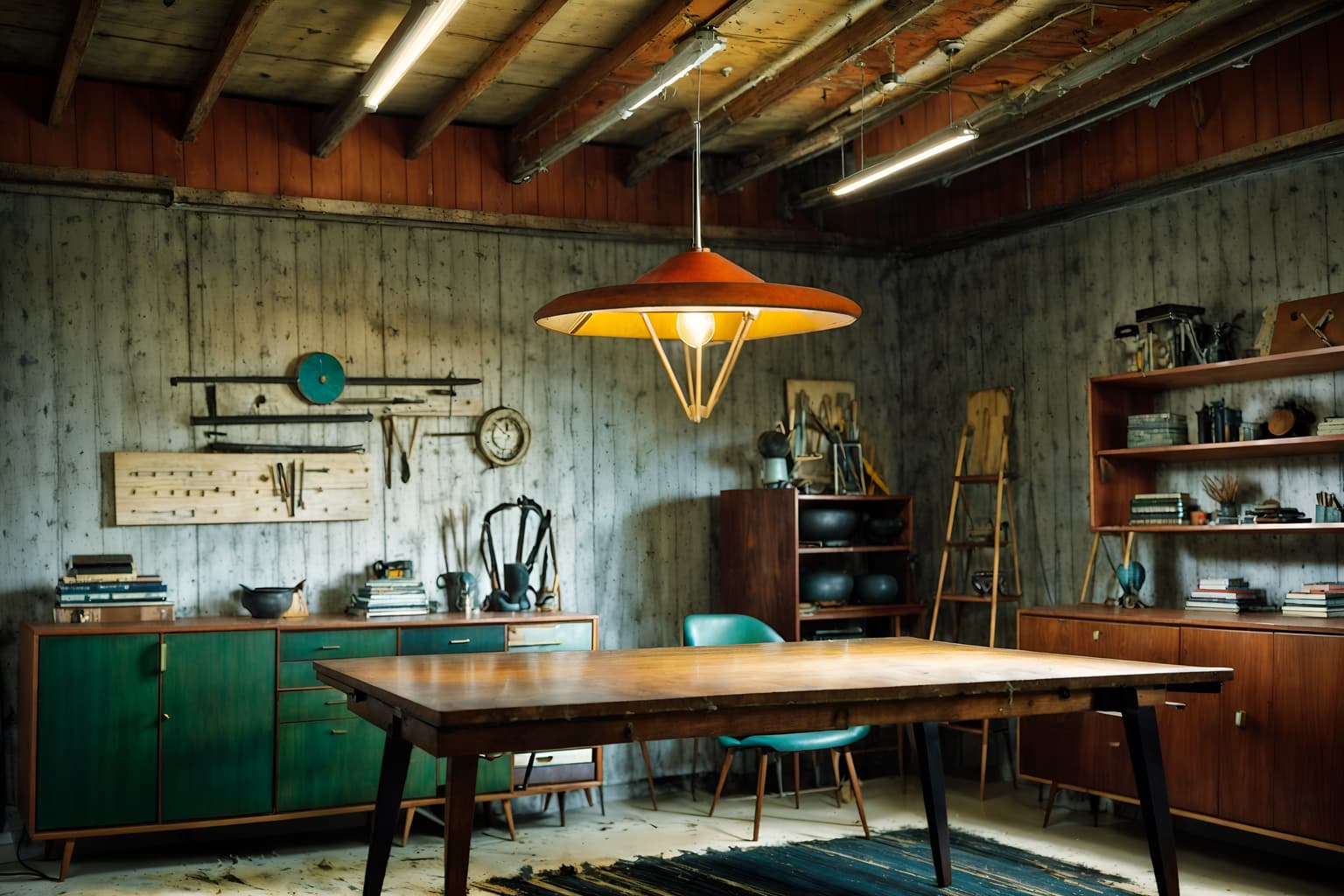 midcentury modern-style (workshop interior) with messy and wooden workbench and tool wall and messy. . with graphic shapes and muted tones and organic and geometric shapes and vibrant colors and natural and manmade materials and mid century modern mobile chandelier and minimalist and function over form. . cinematic photo, highly detailed, cinematic lighting, ultra-detailed, ultrarealistic, photorealism, 8k. midcentury modern interior design style. masterpiece, cinematic light, ultrarealistic+, photorealistic+, 8k, raw photo, realistic, sharp focus on eyes, (symmetrical eyes), (intact eyes), hyperrealistic, highest quality, best quality, , highly detailed, masterpiece, best quality, extremely detailed 8k wallpaper, masterpiece, best quality, ultra-detailed, best shadow, detailed background, detailed face, detailed eyes, high contrast, best illumination, detailed face, dulux, caustic, dynamic angle, detailed glow. dramatic lighting. highly detailed, insanely detailed hair, symmetrical, intricate details, professionally retouched, 8k high definition. strong bokeh. award winning photo.