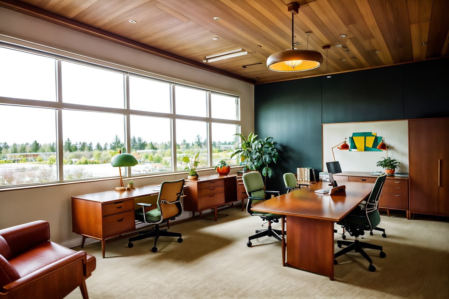 midcentury modern-style (office interior) with computer desks and lounge chairs and office desks and cabinets and windows and office chairs and desk lamps and plants. . with mid century modern mobile chandelier and muted tones and natural and manmade materials and clean lines and nature indoors and organic and geometric shapes and wood pendant light mid century modern chandelier and vibrant colors. . cinematic photo, highly detailed, cinematic lighting, ultra-detailed, ultrarealistic, photorealism, 8k. midcentury modern interior design style. masterpiece, cinematic light, ultrarealistic+, photorealistic+, 8k, raw photo, realistic, sharp focus on eyes, (symmetrical eyes), (intact eyes), hyperrealistic, highest quality, best quality, , highly detailed, masterpiece, best quality, extremely detailed 8k wallpaper, masterpiece, best quality, ultra-detailed, best shadow, detailed background, detailed face, detailed eyes, high contrast, best illumination, detailed face, dulux, caustic, dynamic angle, detailed glow. dramatic lighting. highly detailed, insanely detailed hair, symmetrical, intricate details, professionally retouched, 8k high definition. strong bokeh. award winning photo.