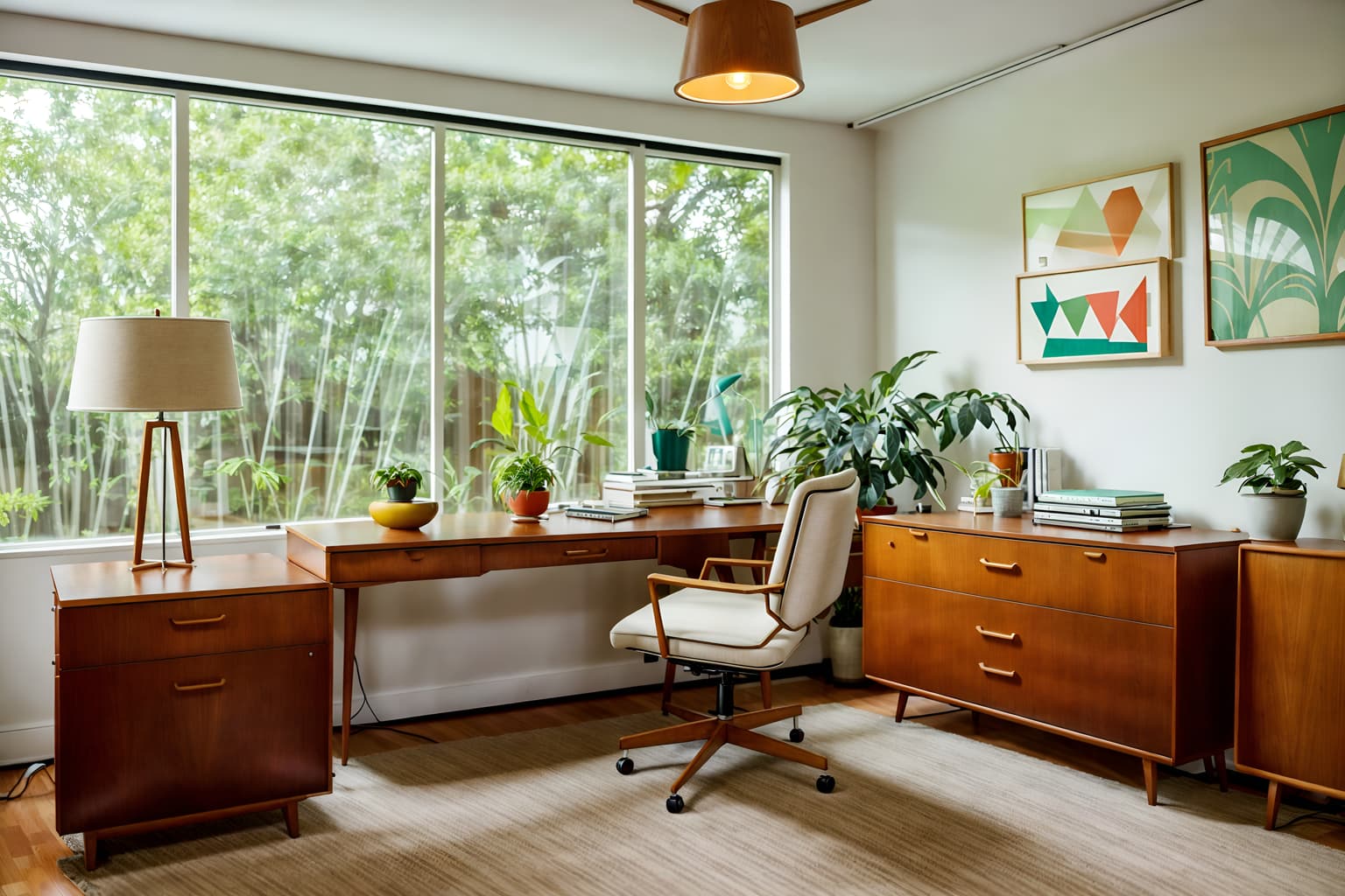 midcentury modern-style (office interior) with computer desks and lounge chairs and office desks and cabinets and windows and office chairs and desk lamps and plants. . with mid century modern mobile chandelier and muted tones and natural and manmade materials and clean lines and nature indoors and organic and geometric shapes and wood pendant light mid century modern chandelier and vibrant colors. . cinematic photo, highly detailed, cinematic lighting, ultra-detailed, ultrarealistic, photorealism, 8k. midcentury modern interior design style. masterpiece, cinematic light, ultrarealistic+, photorealistic+, 8k, raw photo, realistic, sharp focus on eyes, (symmetrical eyes), (intact eyes), hyperrealistic, highest quality, best quality, , highly detailed, masterpiece, best quality, extremely detailed 8k wallpaper, masterpiece, best quality, ultra-detailed, best shadow, detailed background, detailed face, detailed eyes, high contrast, best illumination, detailed face, dulux, caustic, dynamic angle, detailed glow. dramatic lighting. highly detailed, insanely detailed hair, symmetrical, intricate details, professionally retouched, 8k high definition. strong bokeh. award winning photo.