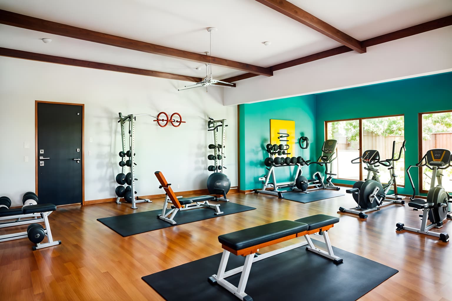 midcentury modern-style (fitness gym interior) with crosstrainer and bench press and squat rack and dumbbell stand and exercise bicycle and crosstrainer. . with minimalist and clean lines and integrating indoor and outdoor motifs and organic and geometric shapes and vibrant colors and graphic shapes and natural and manmade materials and function over form. . cinematic photo, highly detailed, cinematic lighting, ultra-detailed, ultrarealistic, photorealism, 8k. midcentury modern interior design style. masterpiece, cinematic light, ultrarealistic+, photorealistic+, 8k, raw photo, realistic, sharp focus on eyes, (symmetrical eyes), (intact eyes), hyperrealistic, highest quality, best quality, , highly detailed, masterpiece, best quality, extremely detailed 8k wallpaper, masterpiece, best quality, ultra-detailed, best shadow, detailed background, detailed face, detailed eyes, high contrast, best illumination, detailed face, dulux, caustic, dynamic angle, detailed glow. dramatic lighting. highly detailed, insanely detailed hair, symmetrical, intricate details, professionally retouched, 8k high definition. strong bokeh. award winning photo.