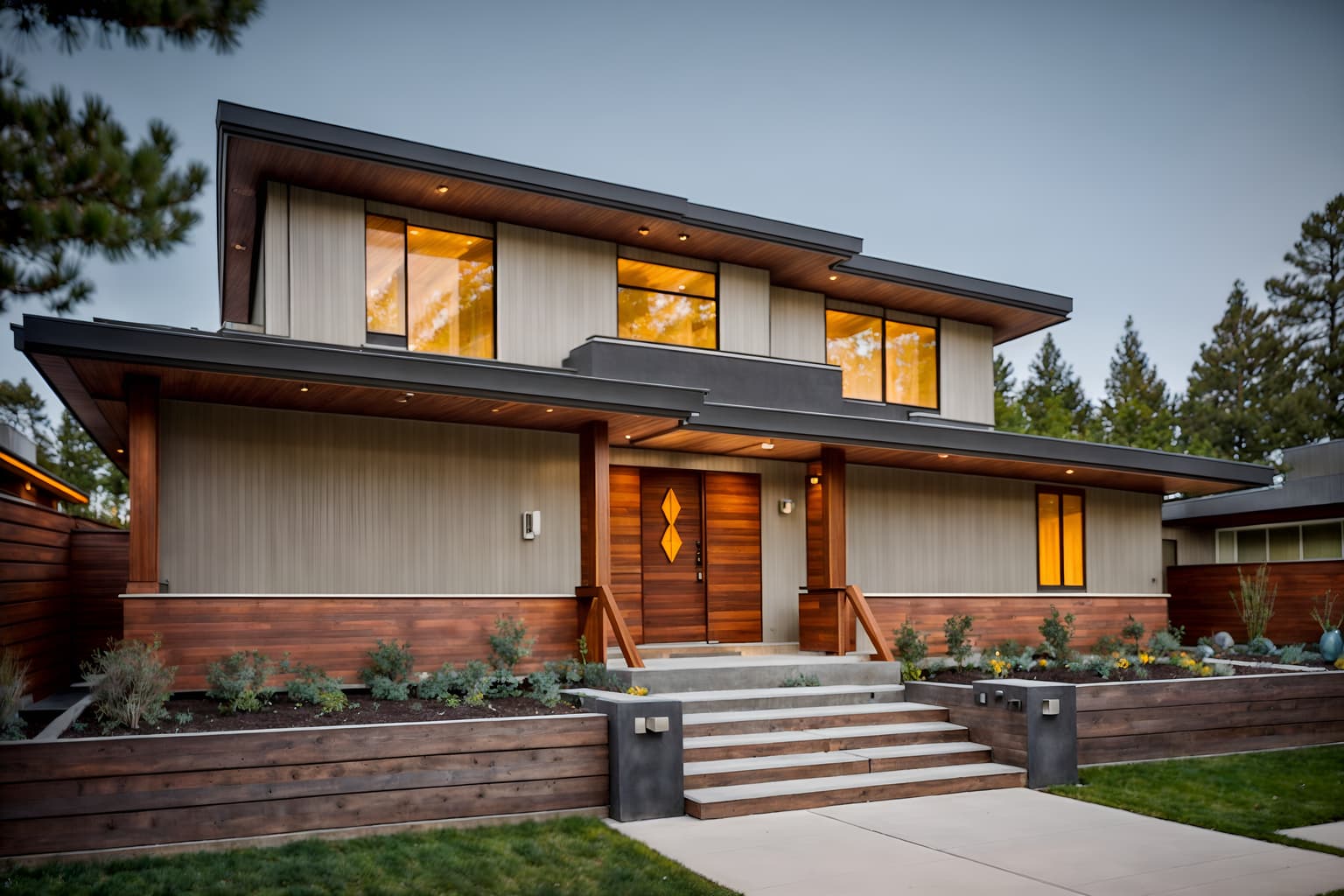 midcentury modern-style exterior designed (house exterior exterior) . with muted tones and wood pendant light mid century modern chandelier and clean lines and vibrant colors and graphic shapes and minimalist and integrating indoor and outdoor motifs and organic and geometric shapes. . cinematic photo, highly detailed, cinematic lighting, ultra-detailed, ultrarealistic, photorealism, 8k. midcentury modern exterior design style. masterpiece, cinematic light, ultrarealistic+, photorealistic+, 8k, raw photo, realistic, sharp focus on eyes, (symmetrical eyes), (intact eyes), hyperrealistic, highest quality, best quality, , highly detailed, masterpiece, best quality, extremely detailed 8k wallpaper, masterpiece, best quality, ultra-detailed, best shadow, detailed background, detailed face, detailed eyes, high contrast, best illumination, detailed face, dulux, caustic, dynamic angle, detailed glow. dramatic lighting. highly detailed, insanely detailed hair, symmetrical, intricate details, professionally retouched, 8k high definition. strong bokeh. award winning photo.