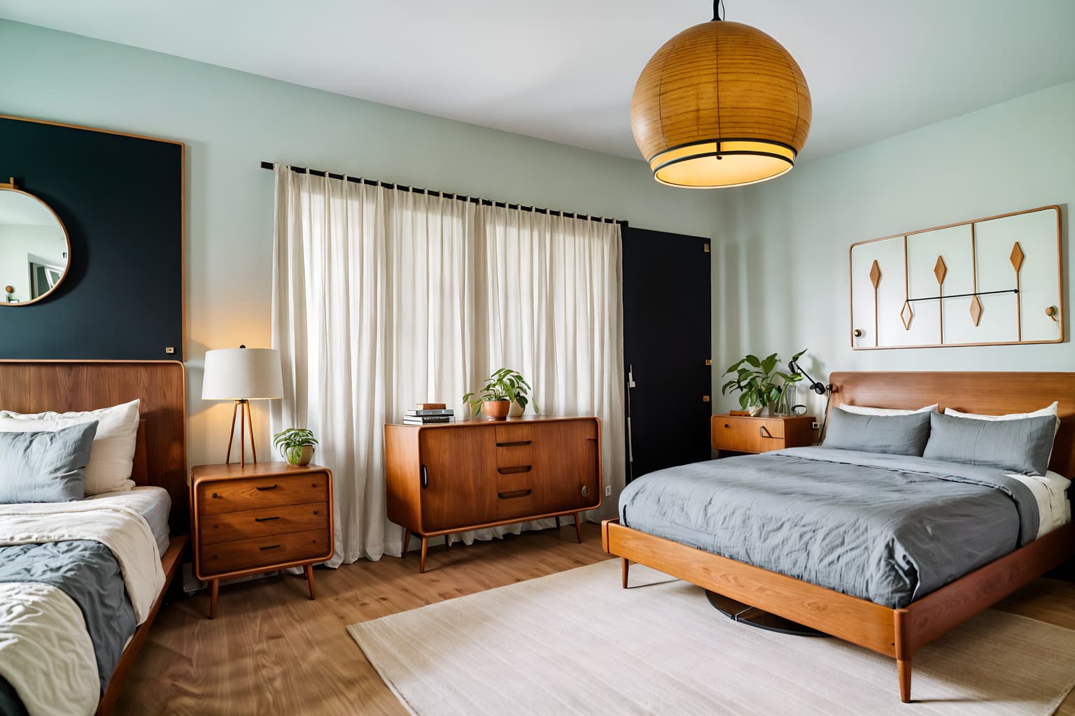 midcentury modern-style (bedroom interior) with night light and bed and accent chair and storage bench or ottoman and headboard and plant and mirror and bedside table or night stand. . with minimalist and natural and manmade materials and wood pendant light mid century modern chandelier and organic and geometric shapes and muted tones and vibrant colors and graphic shapes and clean lines. . cinematic photo, highly detailed, cinematic lighting, ultra-detailed, ultrarealistic, photorealism, 8k. midcentury modern interior design style. masterpiece, cinematic light, ultrarealistic+, photorealistic+, 8k, raw photo, realistic, sharp focus on eyes, (symmetrical eyes), (intact eyes), hyperrealistic, highest quality, best quality, , highly detailed, masterpiece, best quality, extremely detailed 8k wallpaper, masterpiece, best quality, ultra-detailed, best shadow, detailed background, detailed face, detailed eyes, high contrast, best illumination, detailed face, dulux, caustic, dynamic angle, detailed glow. dramatic lighting. highly detailed, insanely detailed hair, symmetrical, intricate details, professionally retouched, 8k high definition. strong bokeh. award winning photo.