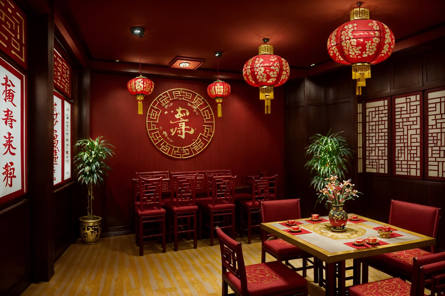 chinese new year-style (coffee shop interior) . with zodiac calendar and money tree and chinese knots and red and gold candles and mei hwa flowers and vases of plum blossoms and orchids and paper cuttings and chinese red lanterns. . cinematic photo, highly detailed, cinematic lighting, ultra-detailed, ultrarealistic, photorealism, 8k. chinese new year interior design style. masterpiece, cinematic light, ultrarealistic+, photorealistic+, 8k, raw photo, realistic, sharp focus on eyes, (symmetrical eyes), (intact eyes), hyperrealistic, highest quality, best quality, , highly detailed, masterpiece, best quality, extremely detailed 8k wallpaper, masterpiece, best quality, ultra-detailed, best shadow, detailed background, detailed face, detailed eyes, high contrast, best illumination, detailed face, dulux, caustic, dynamic angle, detailed glow. dramatic lighting. highly detailed, insanely detailed hair, symmetrical, intricate details, professionally retouched, 8k high definition. strong bokeh. award winning photo.