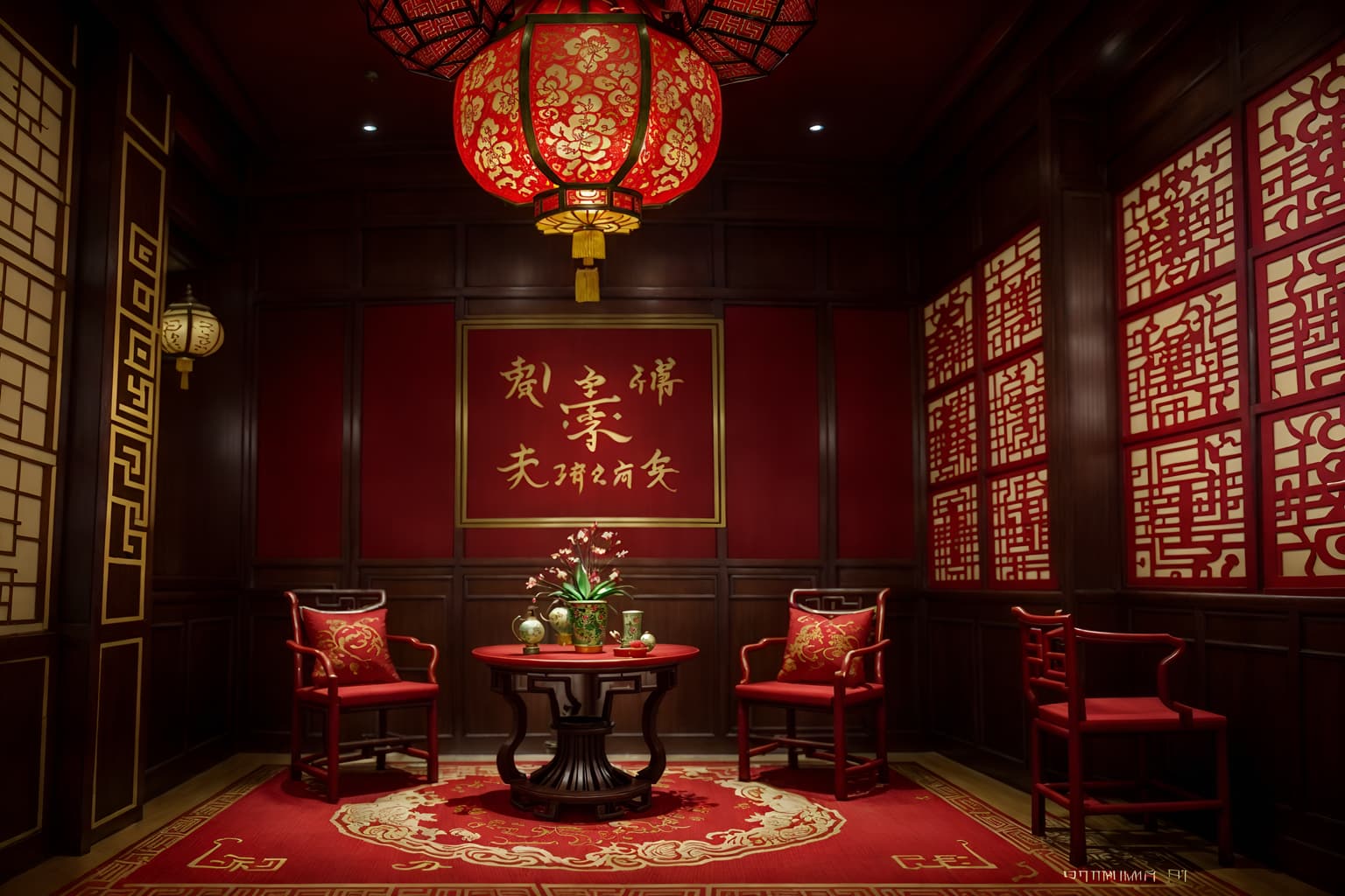 chinese new year-style (coffee shop interior) . with zodiac calendar and money tree and chinese knots and red and gold candles and mei hwa flowers and vases of plum blossoms and orchids and paper cuttings and chinese red lanterns. . cinematic photo, highly detailed, cinematic lighting, ultra-detailed, ultrarealistic, photorealism, 8k. chinese new year interior design style. masterpiece, cinematic light, ultrarealistic+, photorealistic+, 8k, raw photo, realistic, sharp focus on eyes, (symmetrical eyes), (intact eyes), hyperrealistic, highest quality, best quality, , highly detailed, masterpiece, best quality, extremely detailed 8k wallpaper, masterpiece, best quality, ultra-detailed, best shadow, detailed background, detailed face, detailed eyes, high contrast, best illumination, detailed face, dulux, caustic, dynamic angle, detailed glow. dramatic lighting. highly detailed, insanely detailed hair, symmetrical, intricate details, professionally retouched, 8k high definition. strong bokeh. award winning photo.