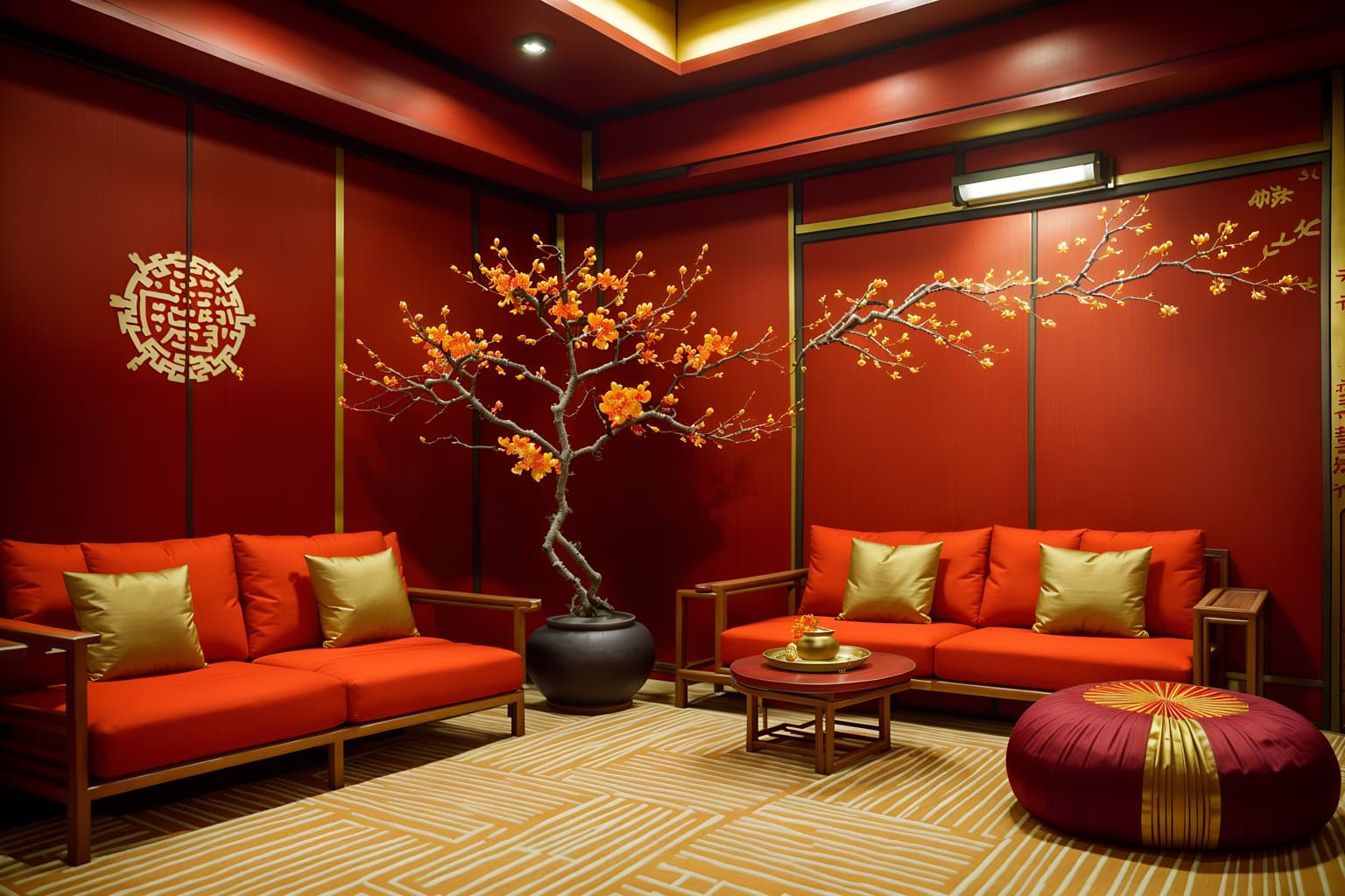chinese new year-style (coworking space interior) with office desks and office chairs and seating area with sofa and lounge chairs and office desks. . with paper firecrackers and money tree and chinese knots and door couplets and red and gold candles and orange trees and vases of plum blossoms and orchids and mei hwa flowers. . cinematic photo, highly detailed, cinematic lighting, ultra-detailed, ultrarealistic, photorealism, 8k. chinese new year interior design style. masterpiece, cinematic light, ultrarealistic+, photorealistic+, 8k, raw photo, realistic, sharp focus on eyes, (symmetrical eyes), (intact eyes), hyperrealistic, highest quality, best quality, , highly detailed, masterpiece, best quality, extremely detailed 8k wallpaper, masterpiece, best quality, ultra-detailed, best shadow, detailed background, detailed face, detailed eyes, high contrast, best illumination, detailed face, dulux, caustic, dynamic angle, detailed glow. dramatic lighting. highly detailed, insanely detailed hair, symmetrical, intricate details, professionally retouched, 8k high definition. strong bokeh. award winning photo.